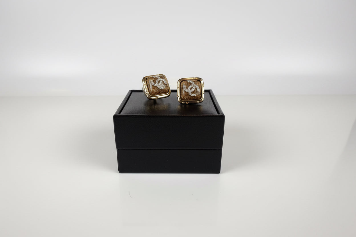 Chanel Gold Plated CC Crystal Square Earrings
