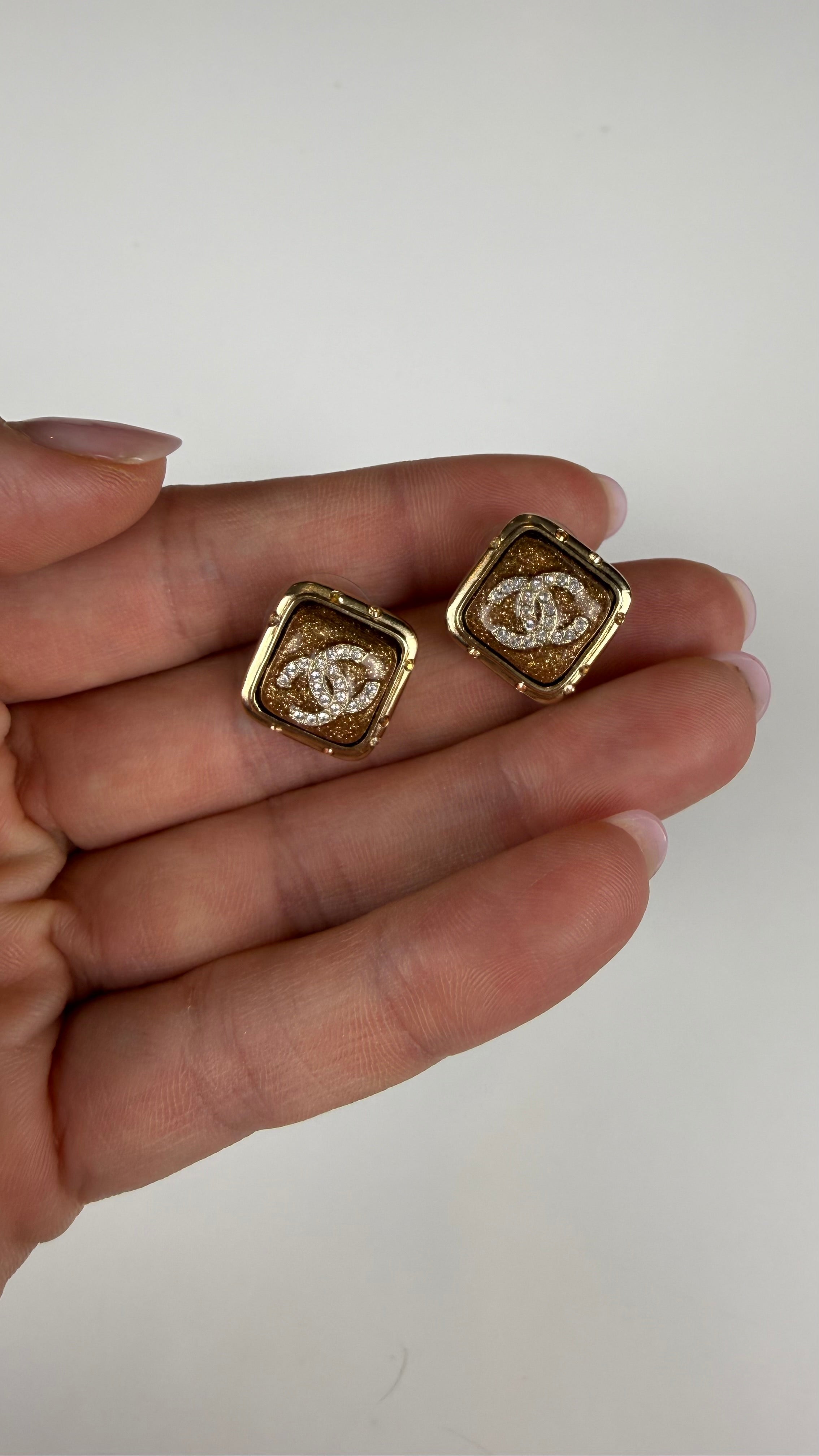 Chanel Gold Plated CC Crystal Square Earrings