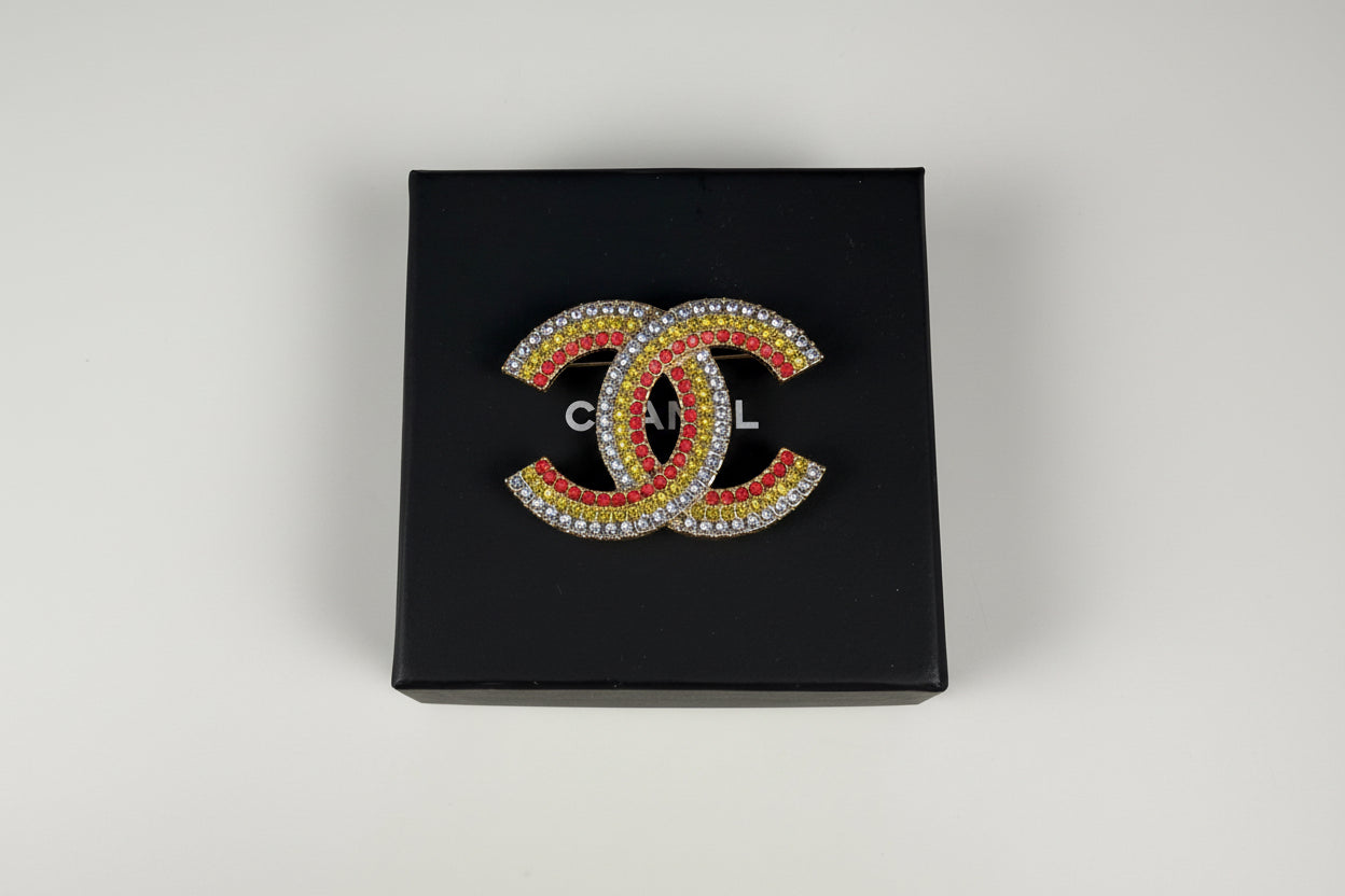 Chanel Gold Plated CC Rhinestone Rainbow Brooch