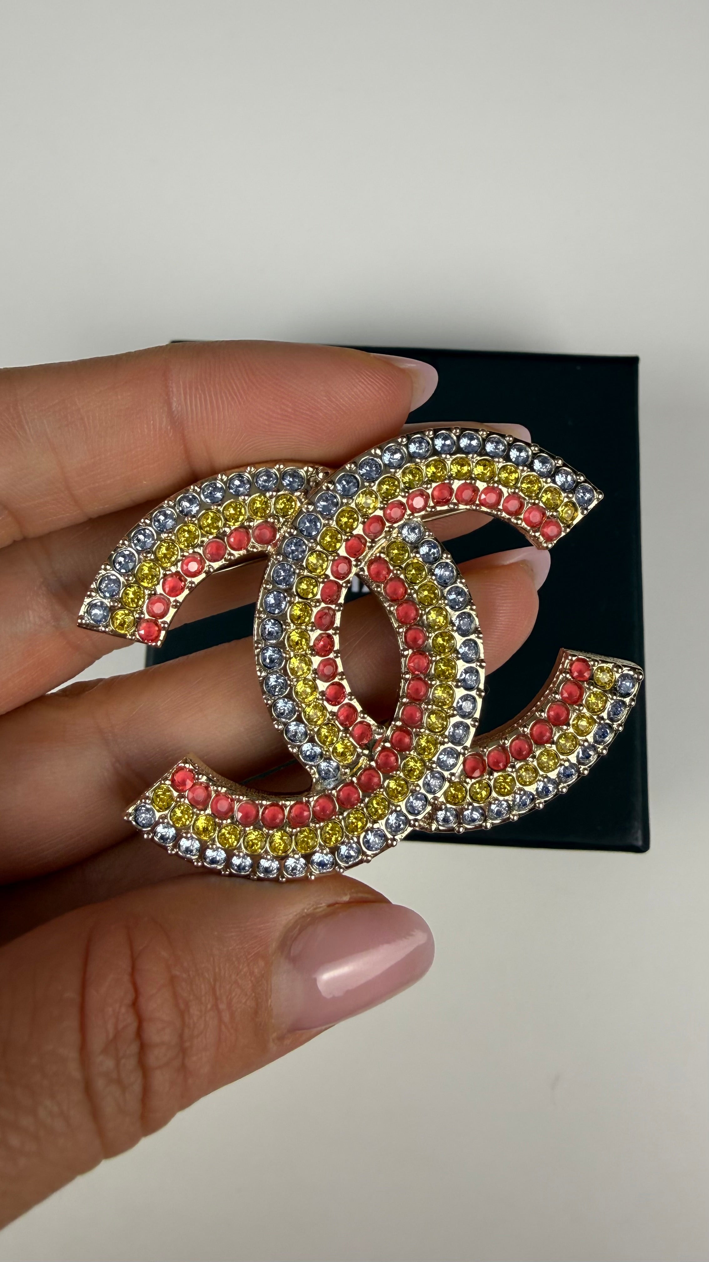 Chanel Gold Plated CC Rhinestone Rainbow Brooch