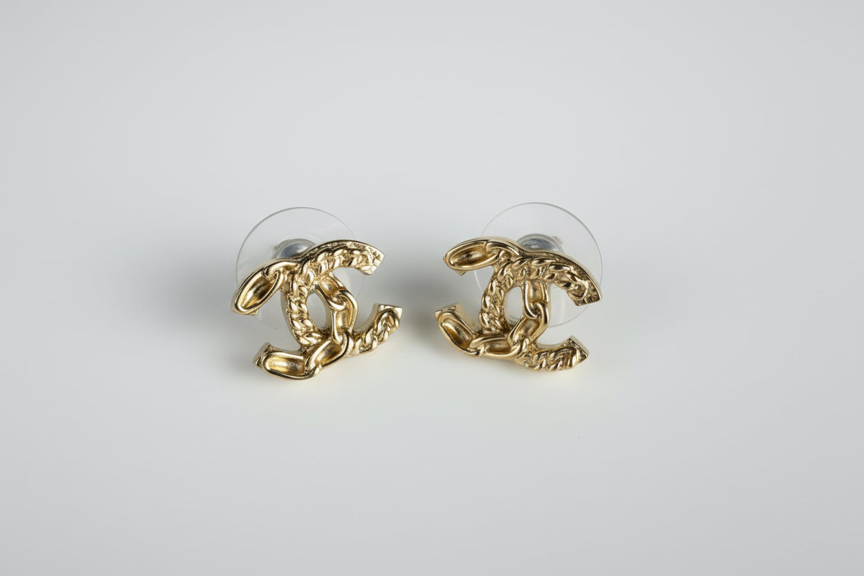 Chanel CC Gold Plated Braided Chain Push Back Earrings