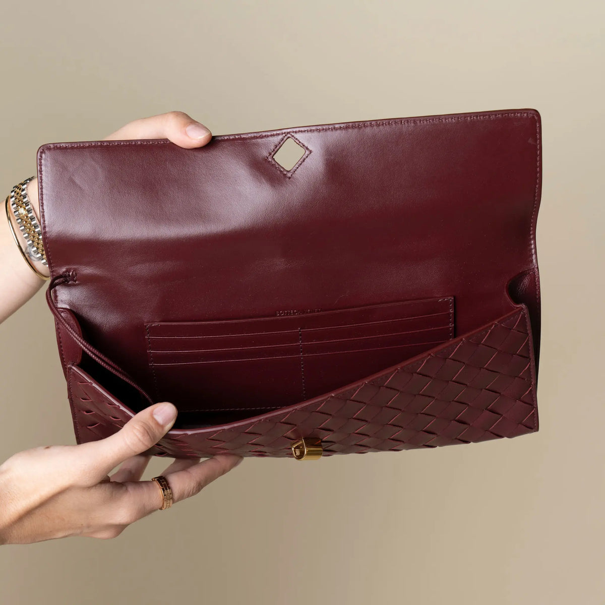 Bottega Veneta Lambskin Intrecciato Andiamo Clutch — Interior Detail