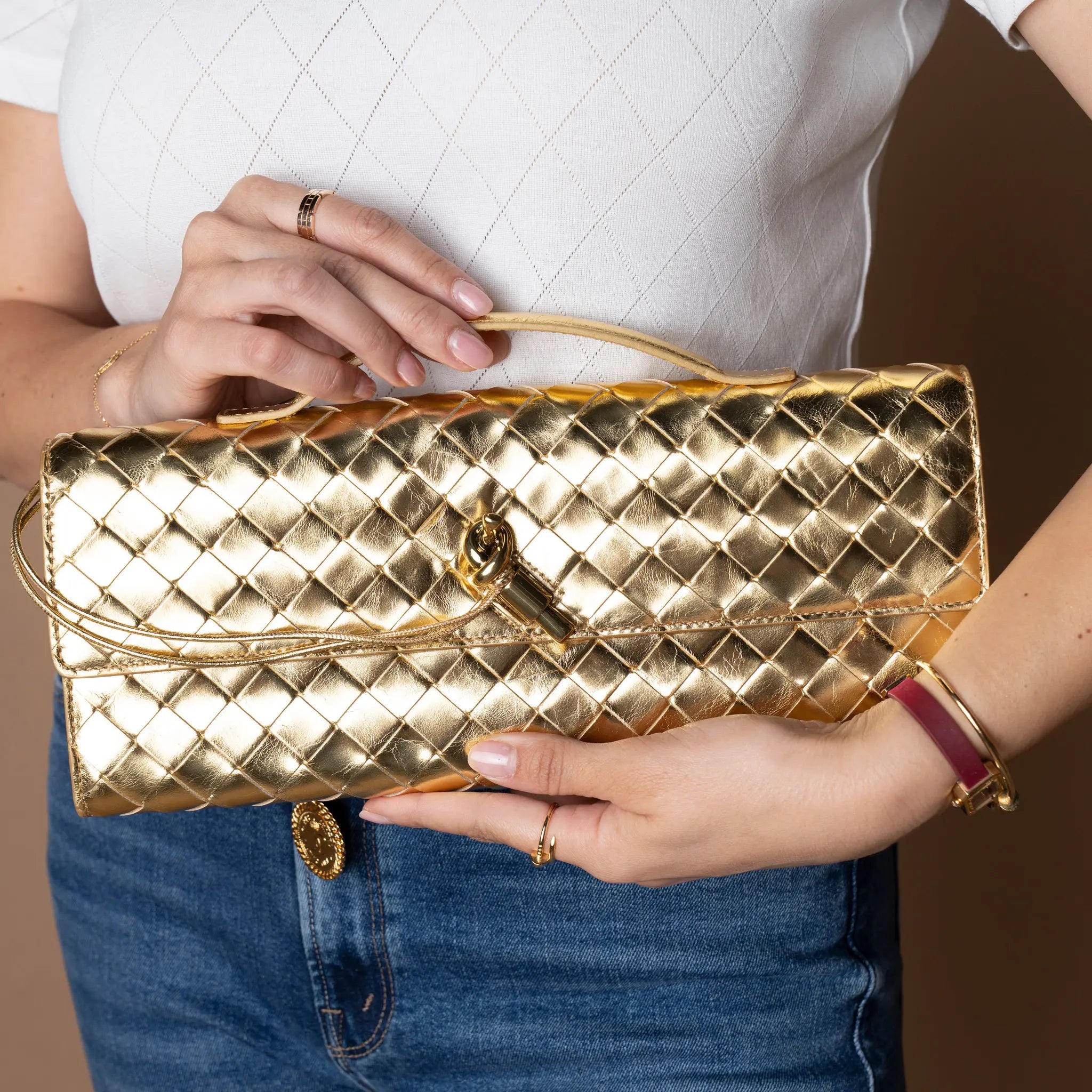 Bottega Veneta Metallic Lambskin Intrecciato Andiamo Clutch — Side Profile
