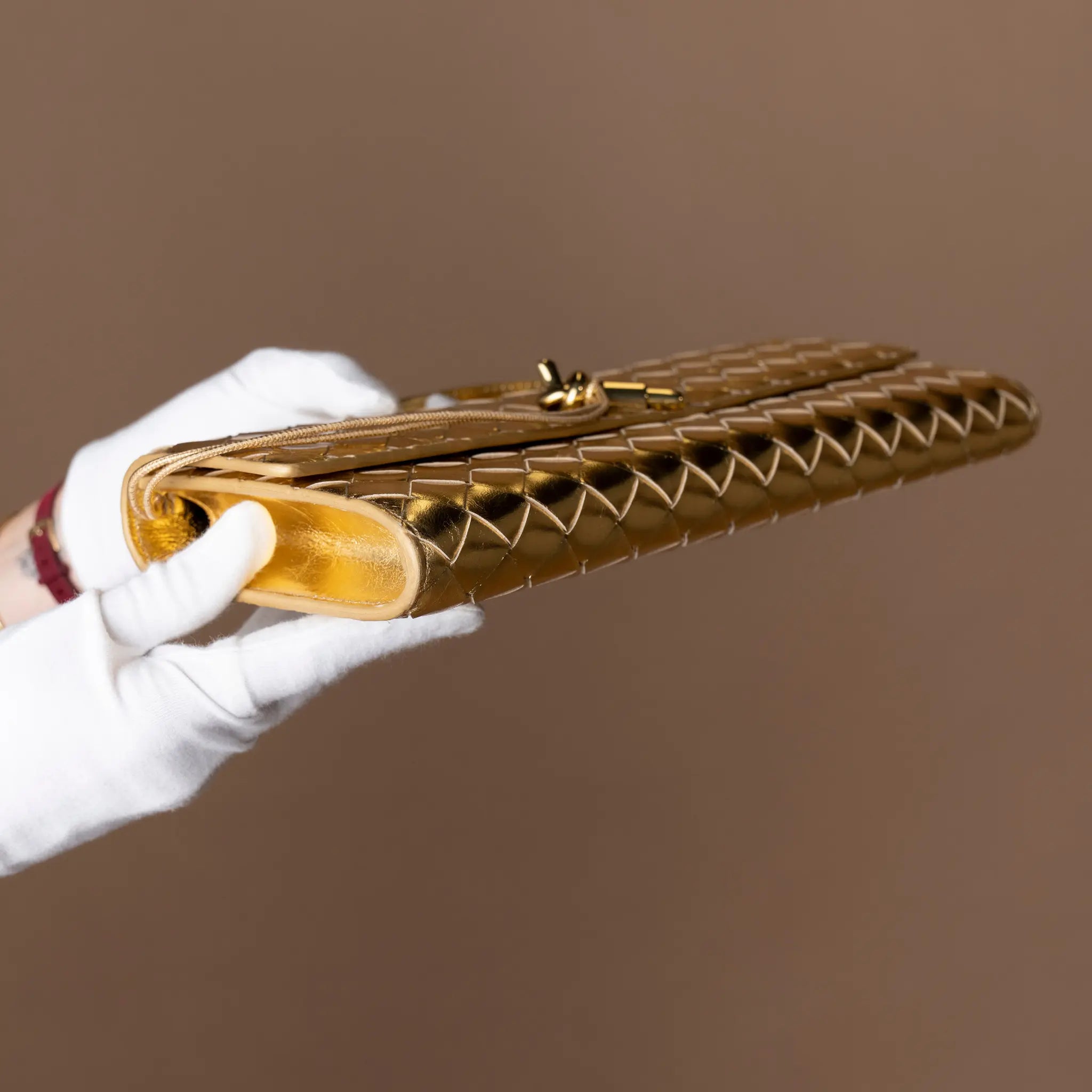 Bottega Veneta Metallic Lambskin Intrecciato Andiamo Clutch — Detail View