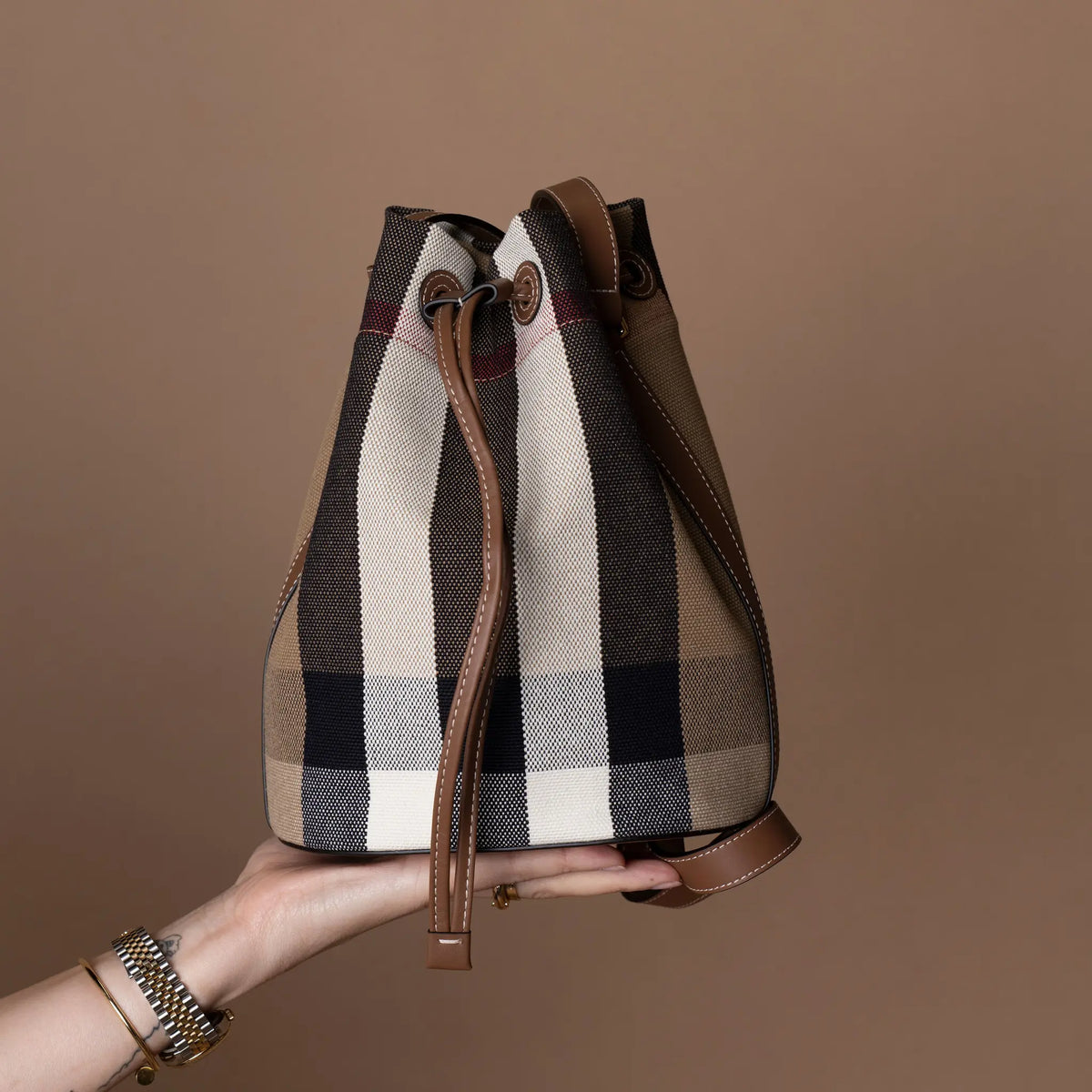 Burberry House Check Small Bucket Bag — Front View