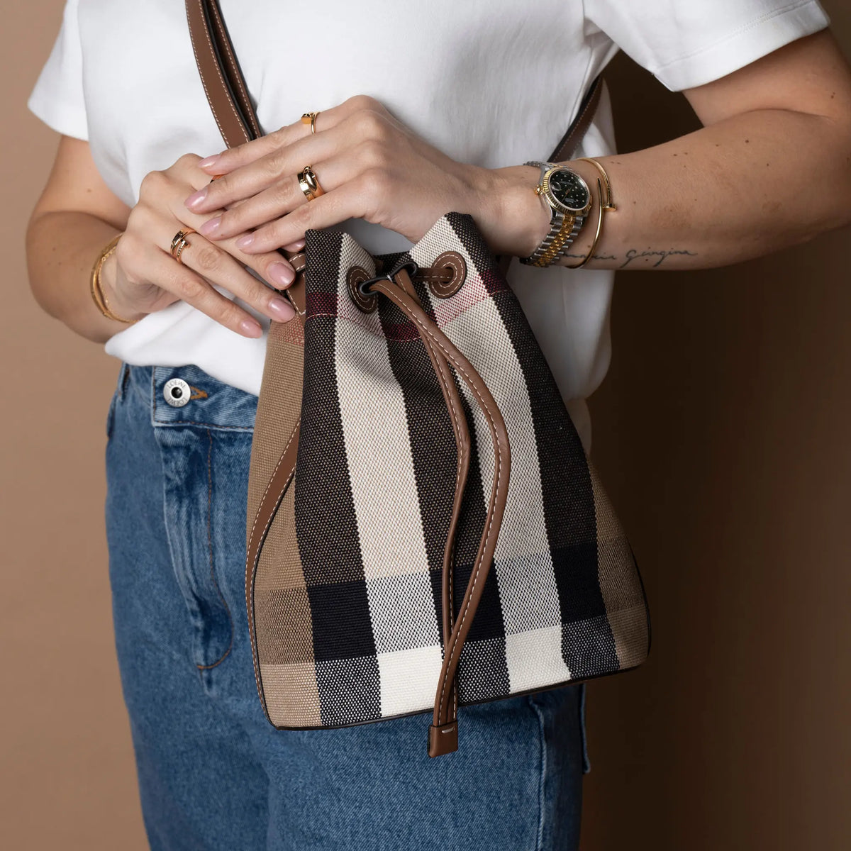 Burberry House Check Small Bucket Bag — Side Profile