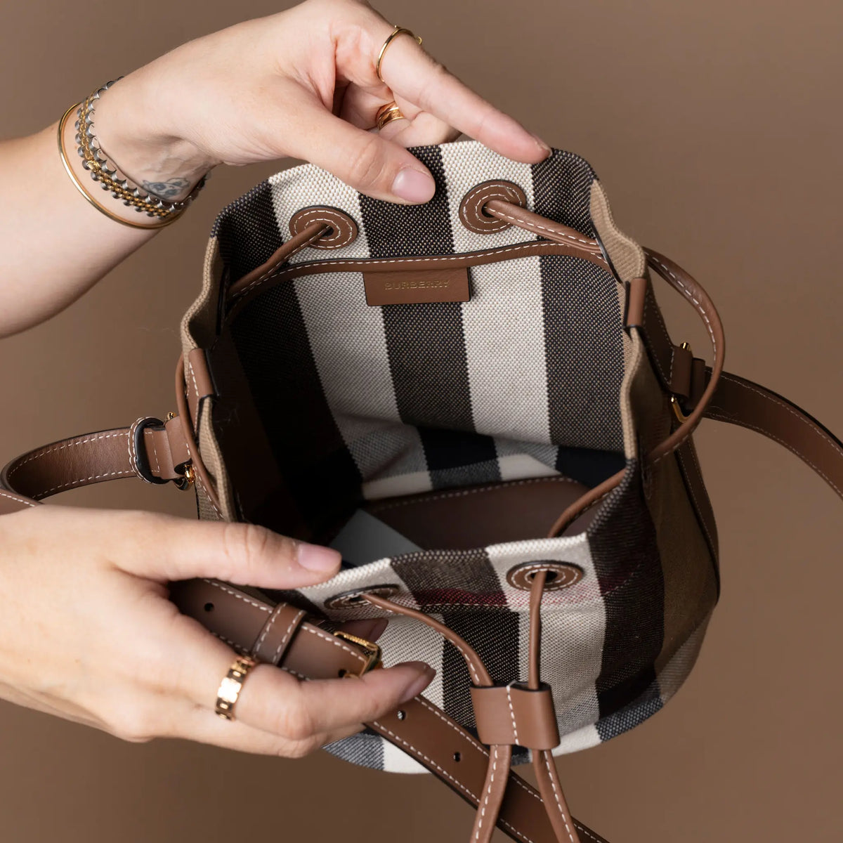 Burberry House Check Small Bucket Bag — Interior Detail
