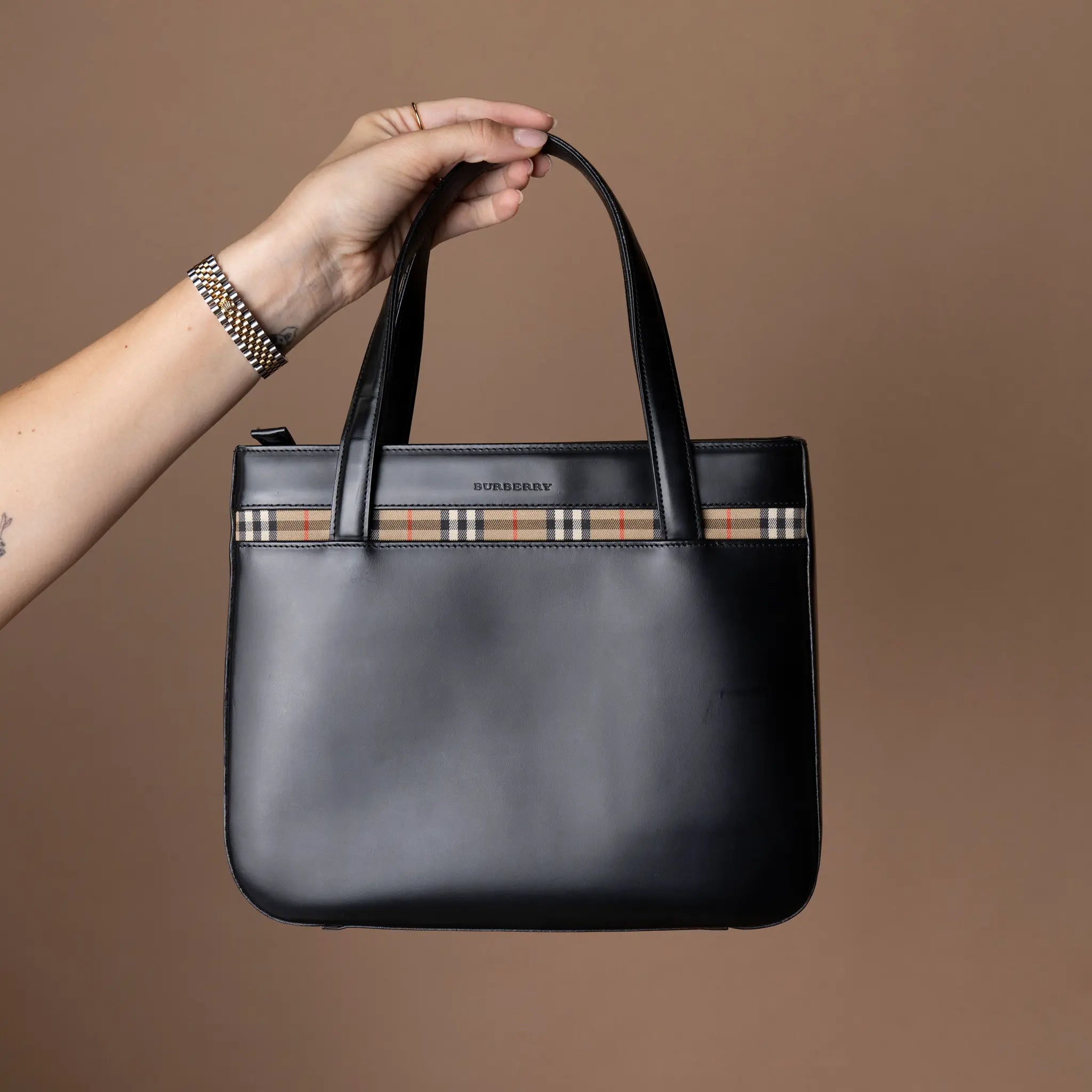 Burberry House Check Trimmed Leather Handbag — Featured Image