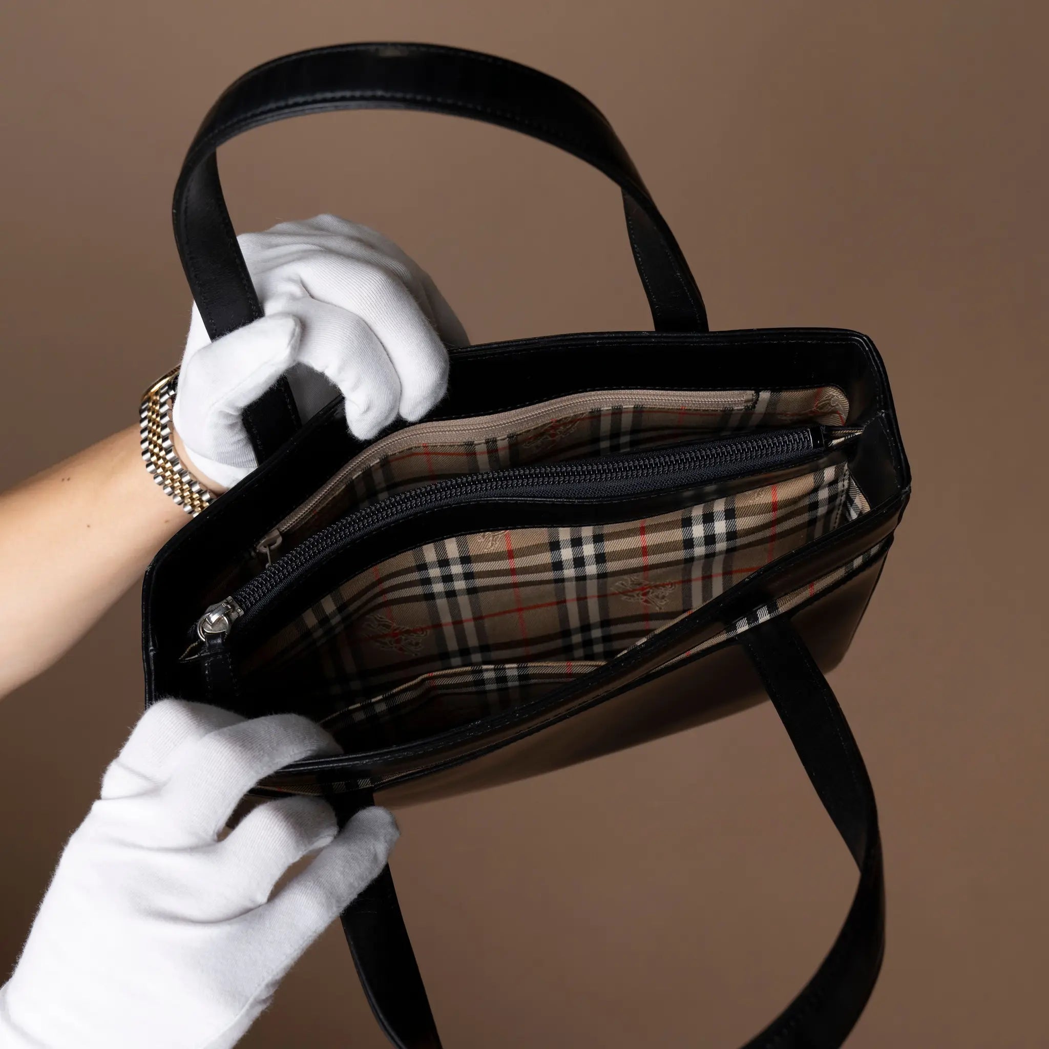Burberry House Check Trimmed Leather Handbag — Side Profile