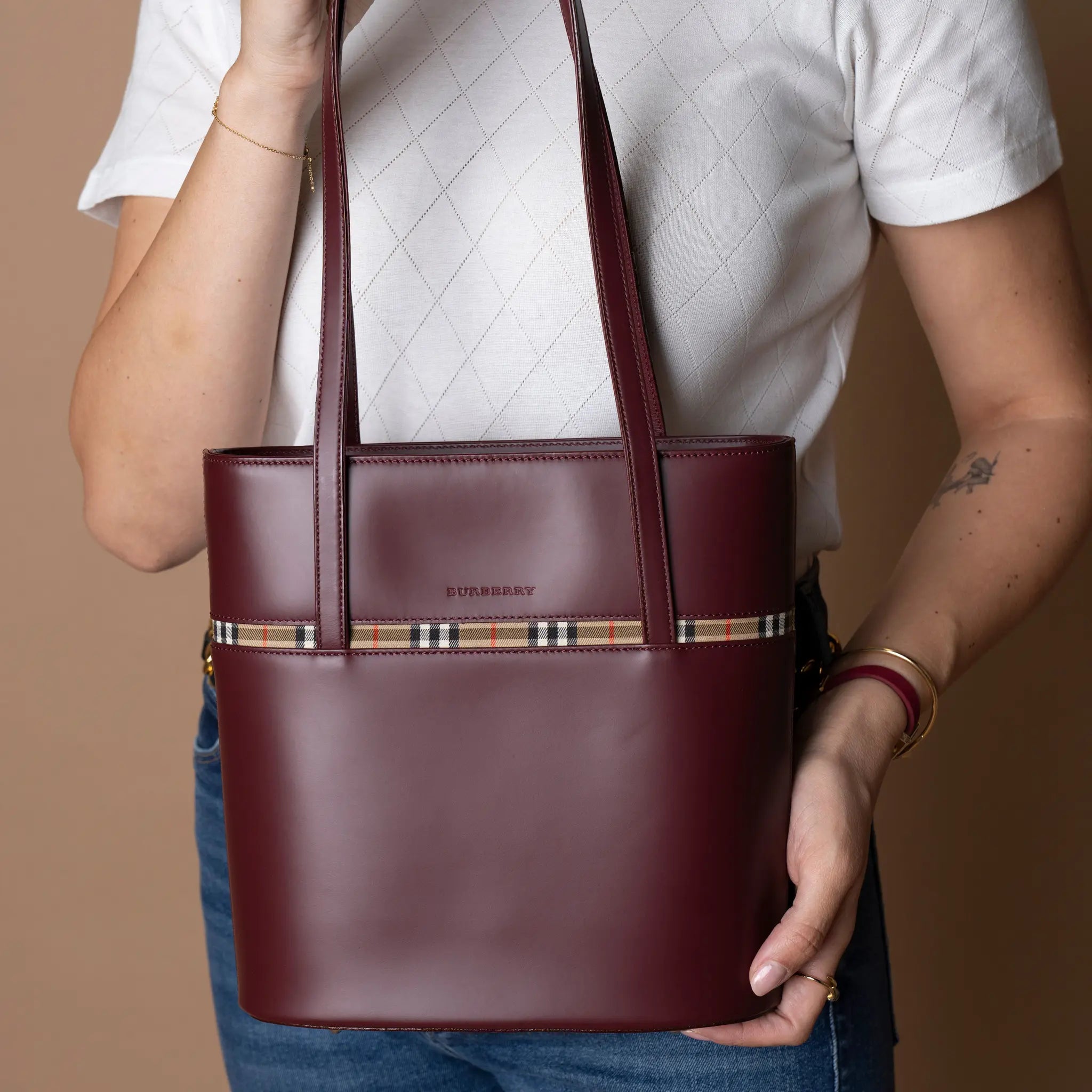 Burberry House Check Trimmed Leather Shoulder Bag — Detail View