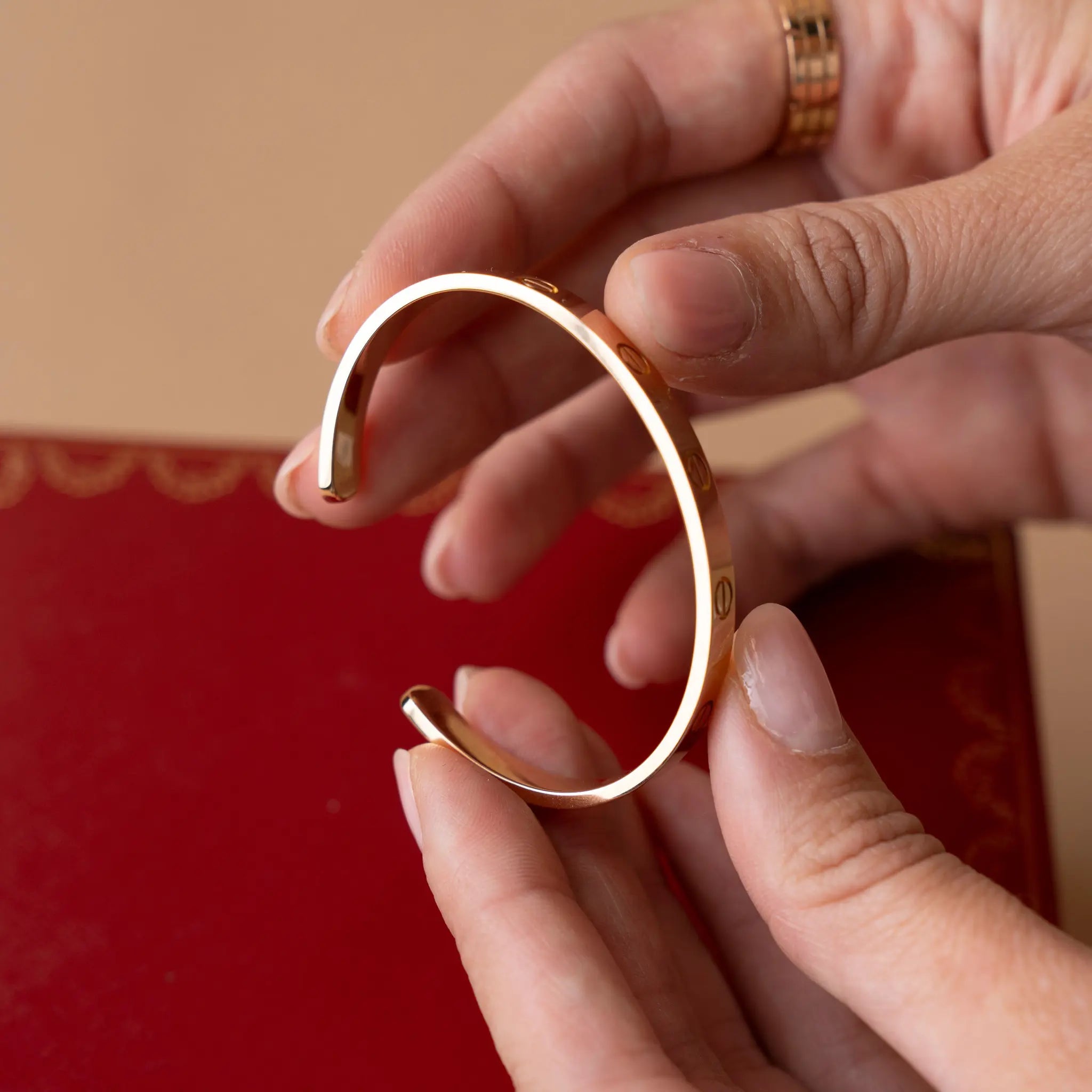 Cartier 18K Rose Gold Love Cuff Bracelet — Interior Detail