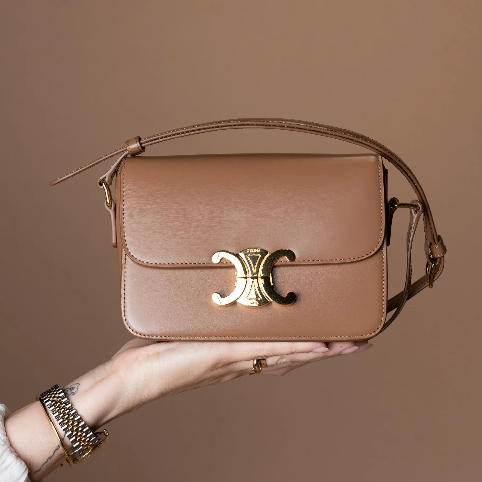 Celine Classique Shiny Calfskin Triomphe Crossbody — Close-up Detail
