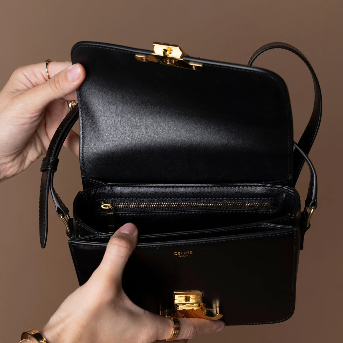 Celine Teen Shiny Calfskin Triomphe Crossbody — Close-up Detail