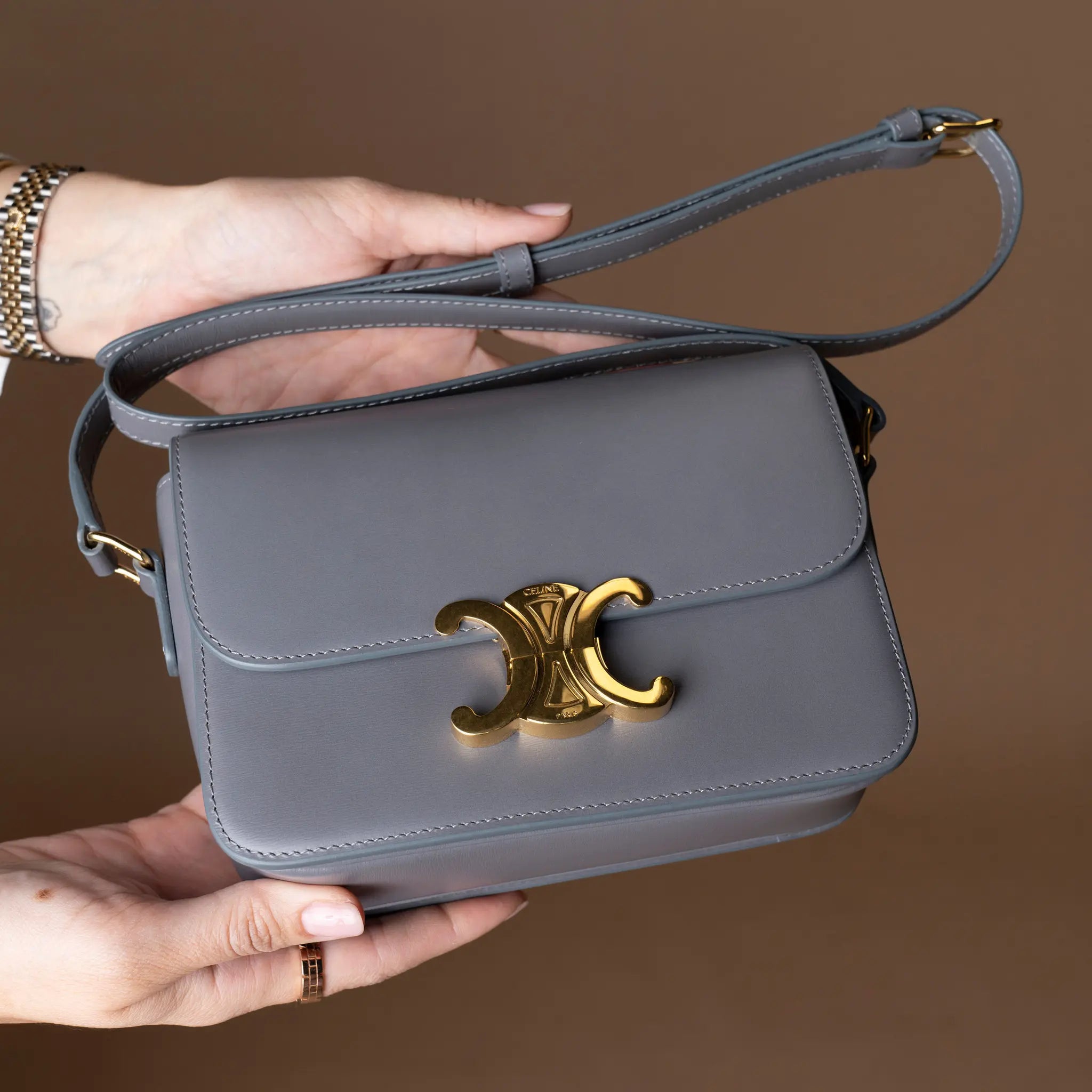 Celine Teen Shiny Calfskin Triomphe Crossbody — Side Profile