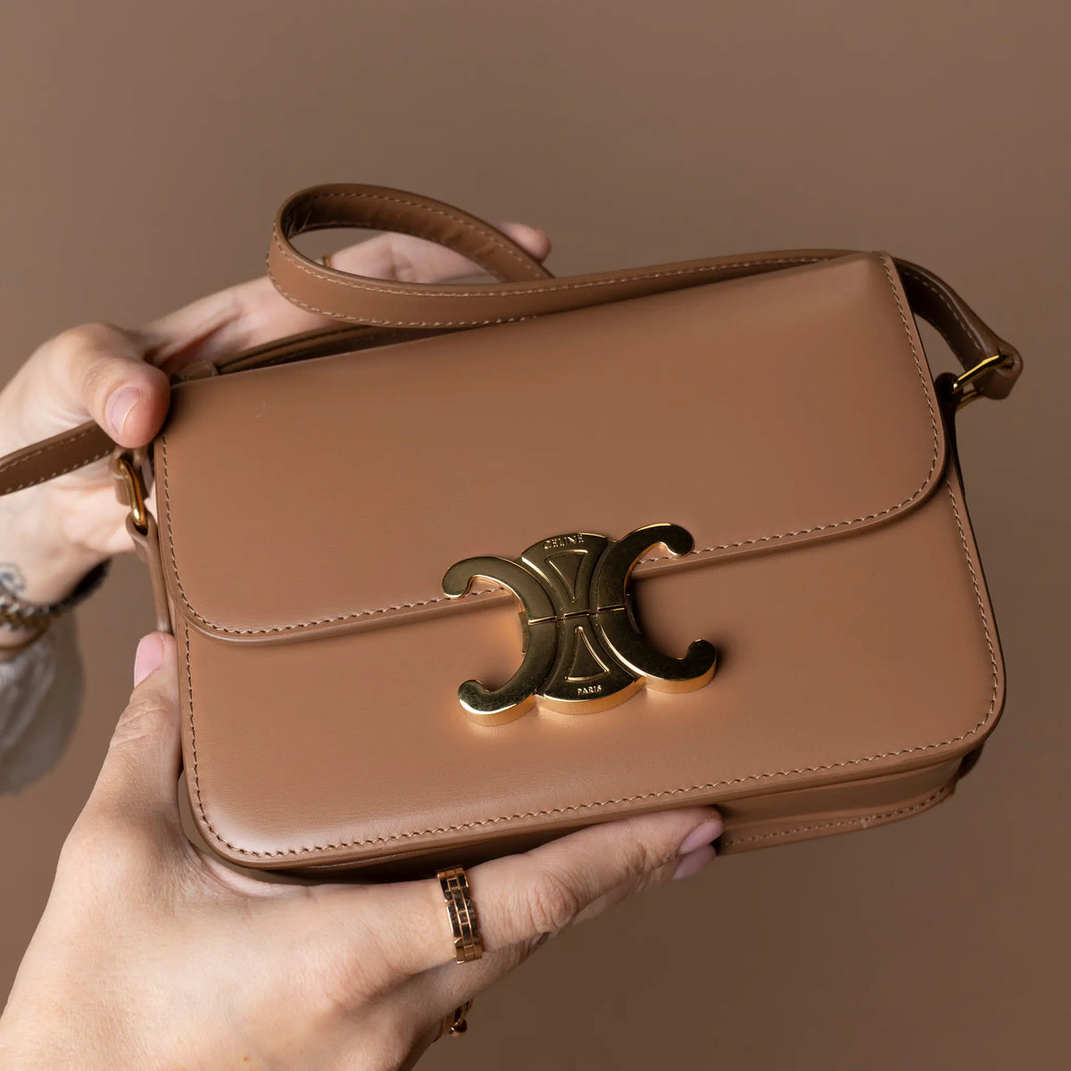 Celine Teen Shiny Calfskin Triomphe Crossbody — Close-up Detail