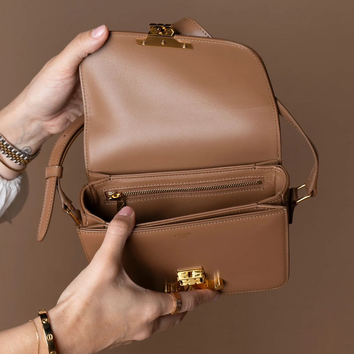 Celine Teen Shiny Calfskin Triomphe Crossbody — Detail View