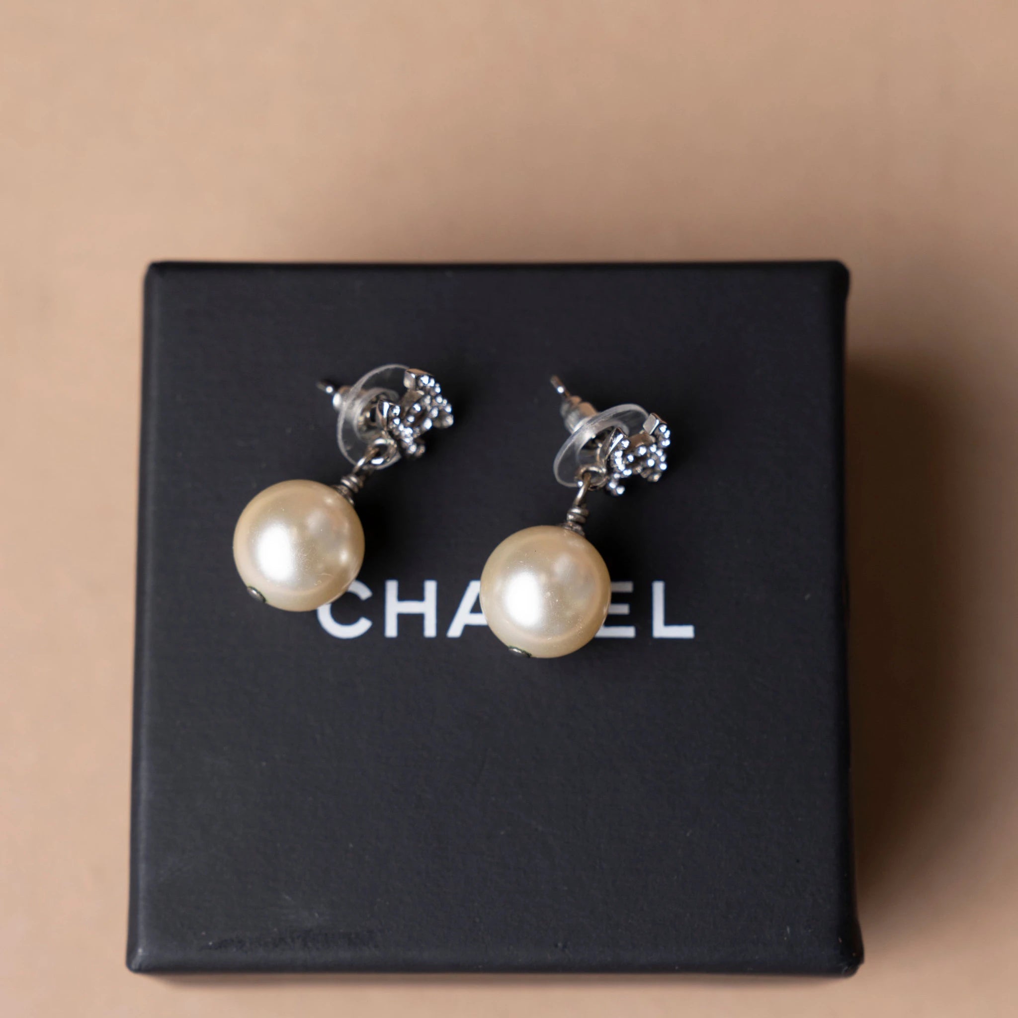 Chanel CC Brass and Strass Faux Pearl Swing Push Back Earrings
