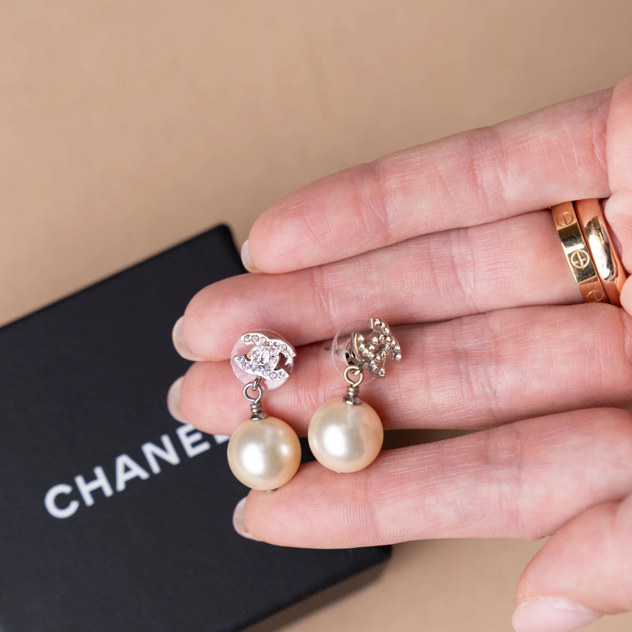 Chanel CC Brass and Strass Faux Pearl Swing Push Back Earrings