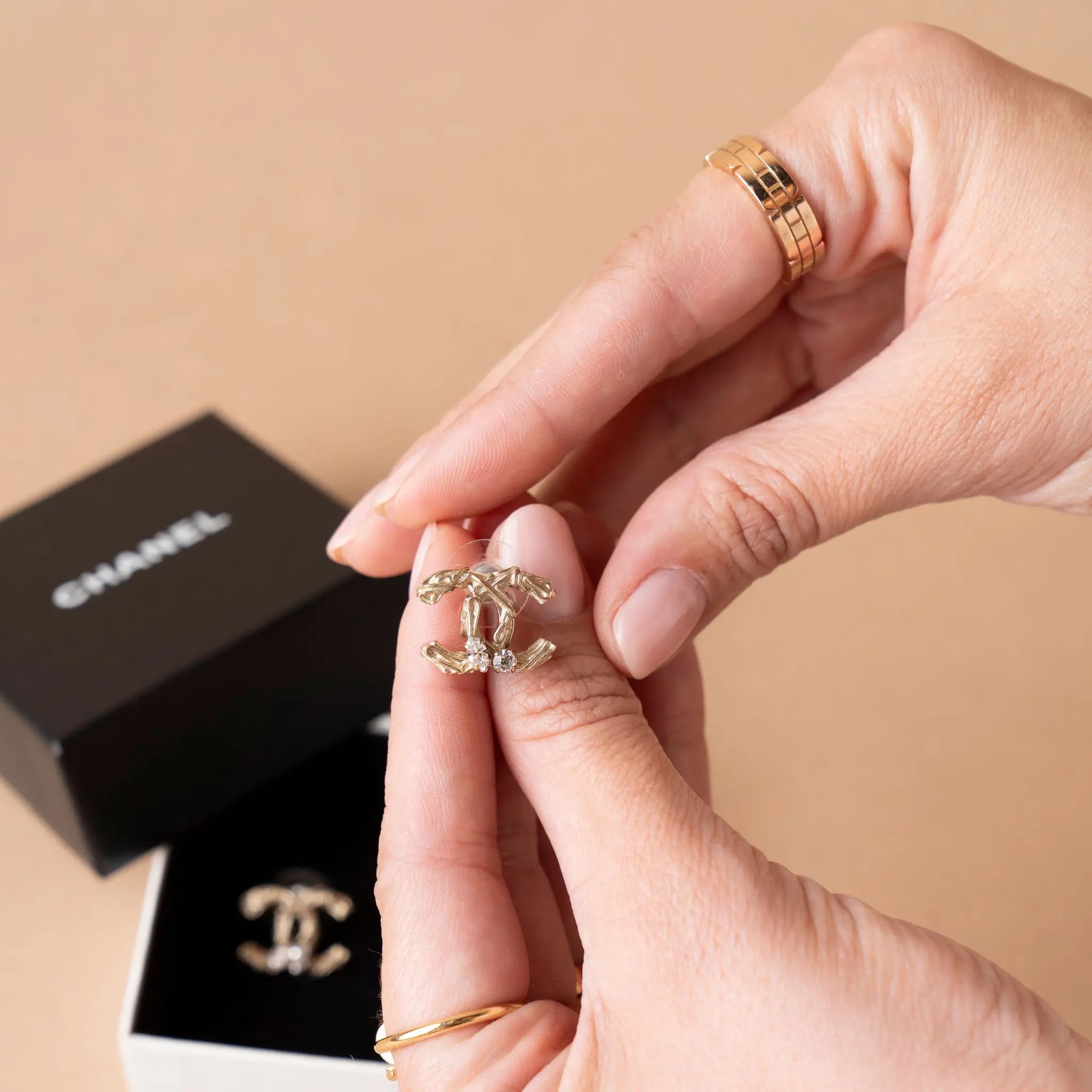 Chanel CC Brass and Strass Push Back Earrings — Back View