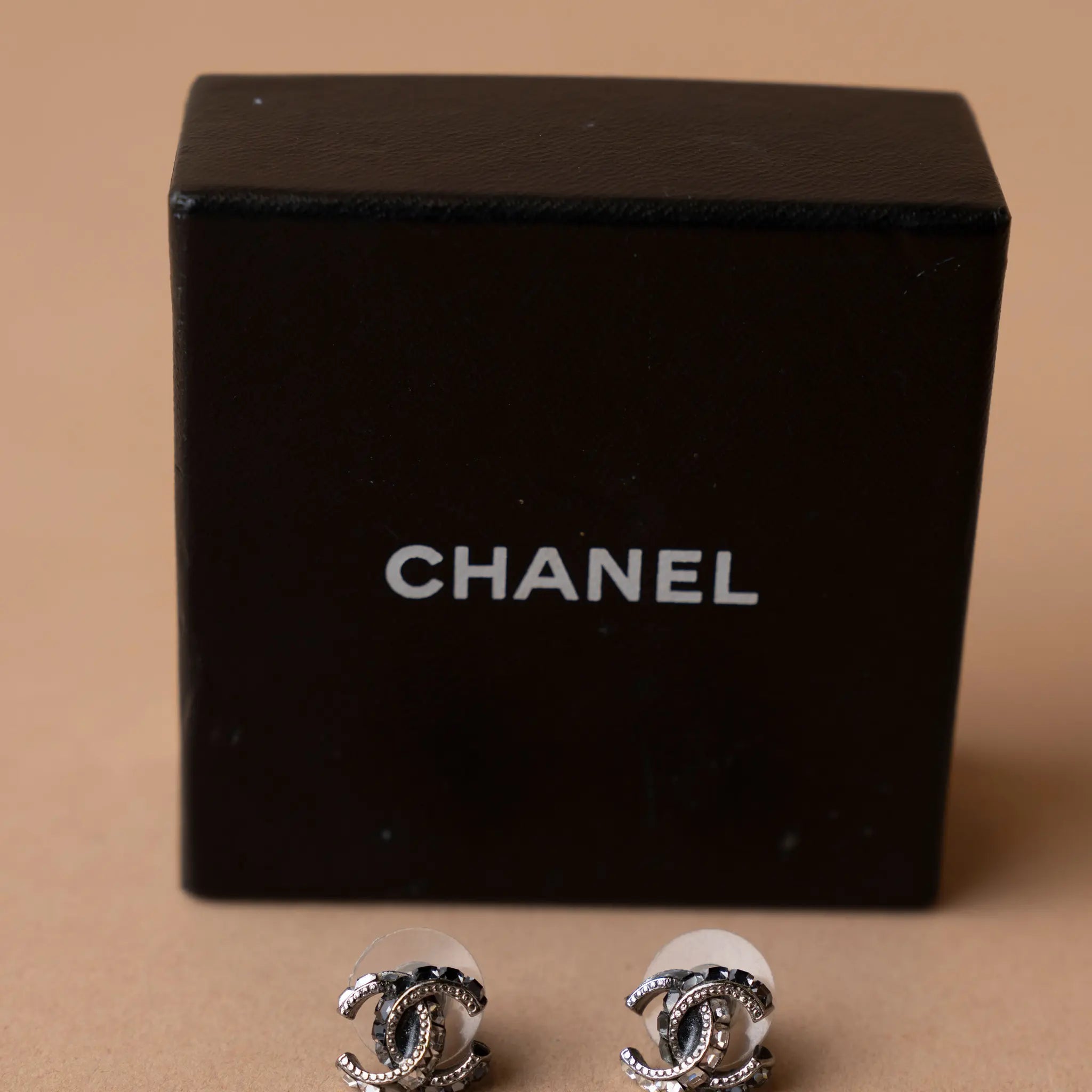 Chanel CC Brass and Strass Push Back Earrings — Back View
