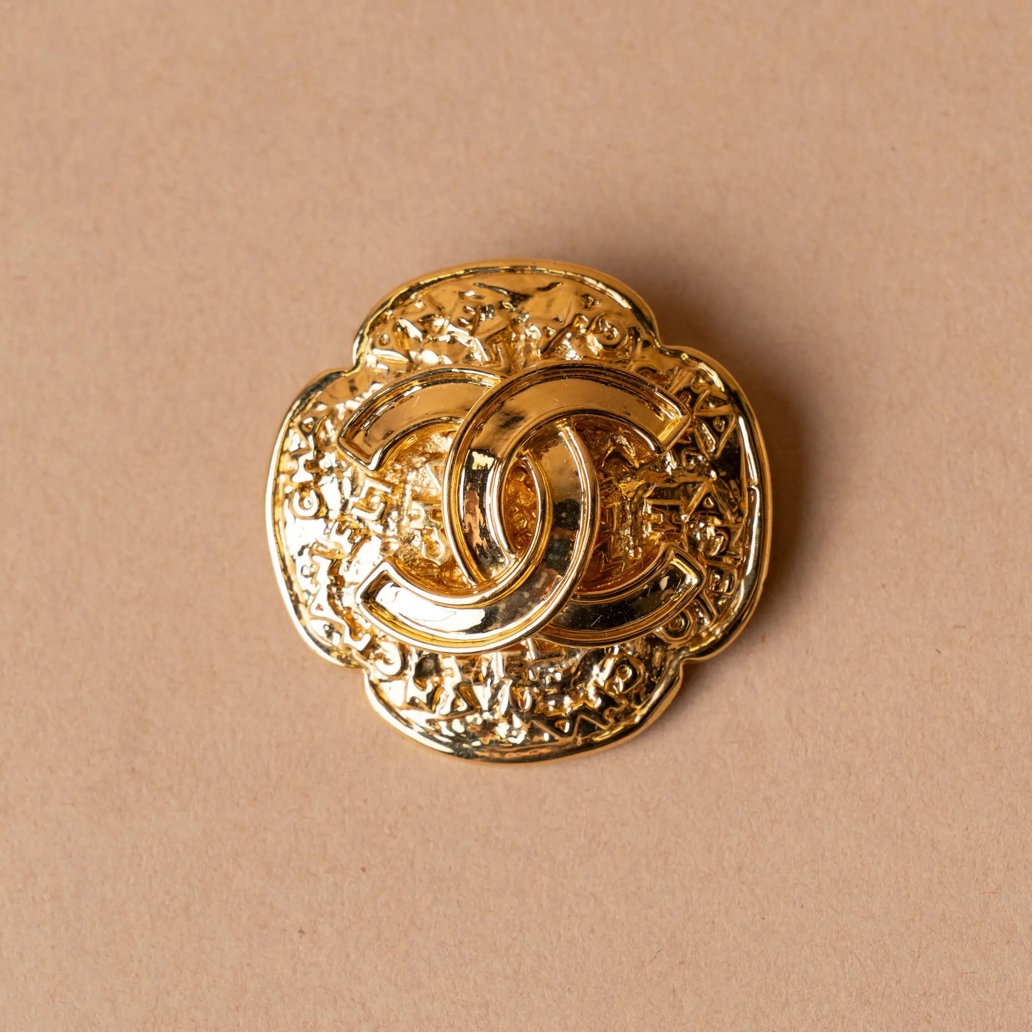 Chanel CC Gold Plated Clover Brooch — Front View