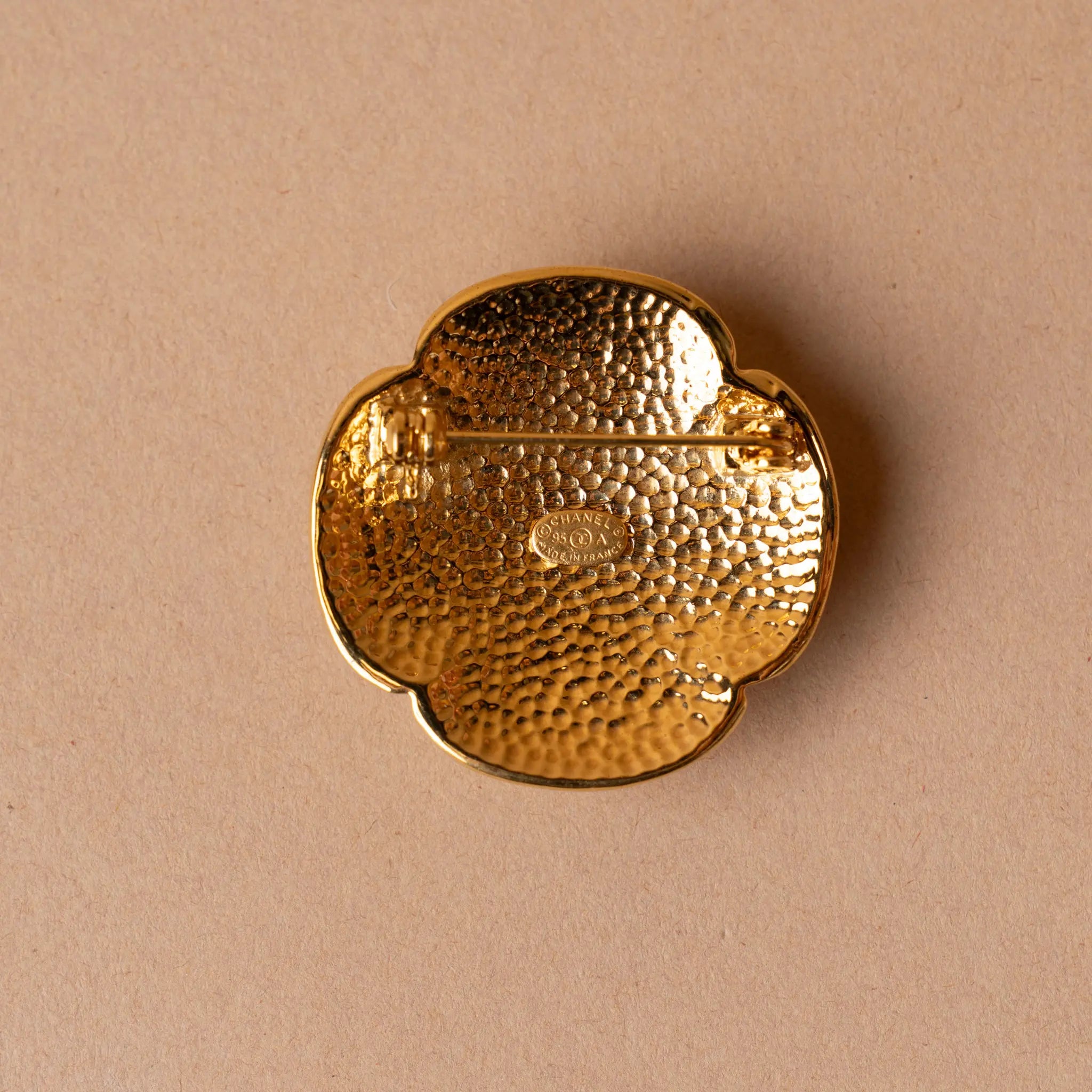 Chanel CC Gold Plated Clover Brooch — Back View