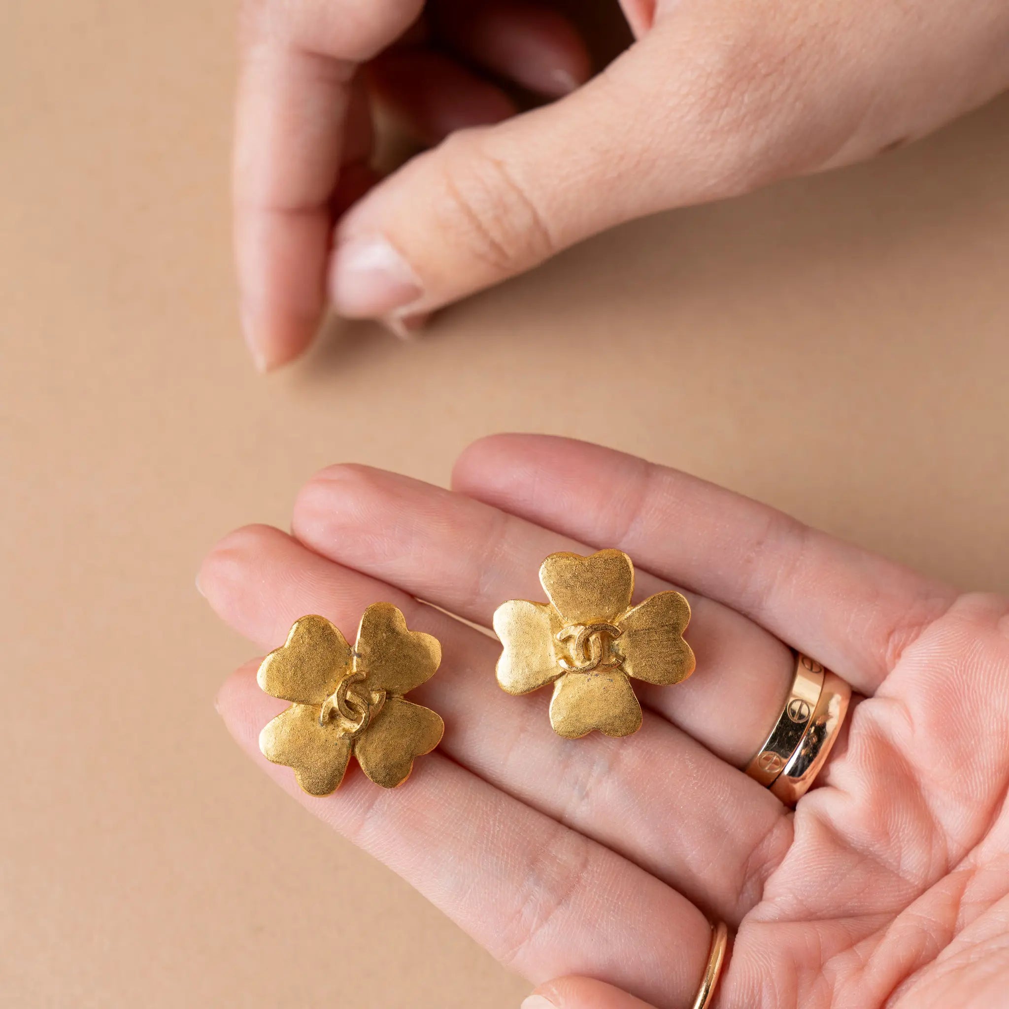 Chanel CC Gold Plated Clover Clip On Earrings — Front View