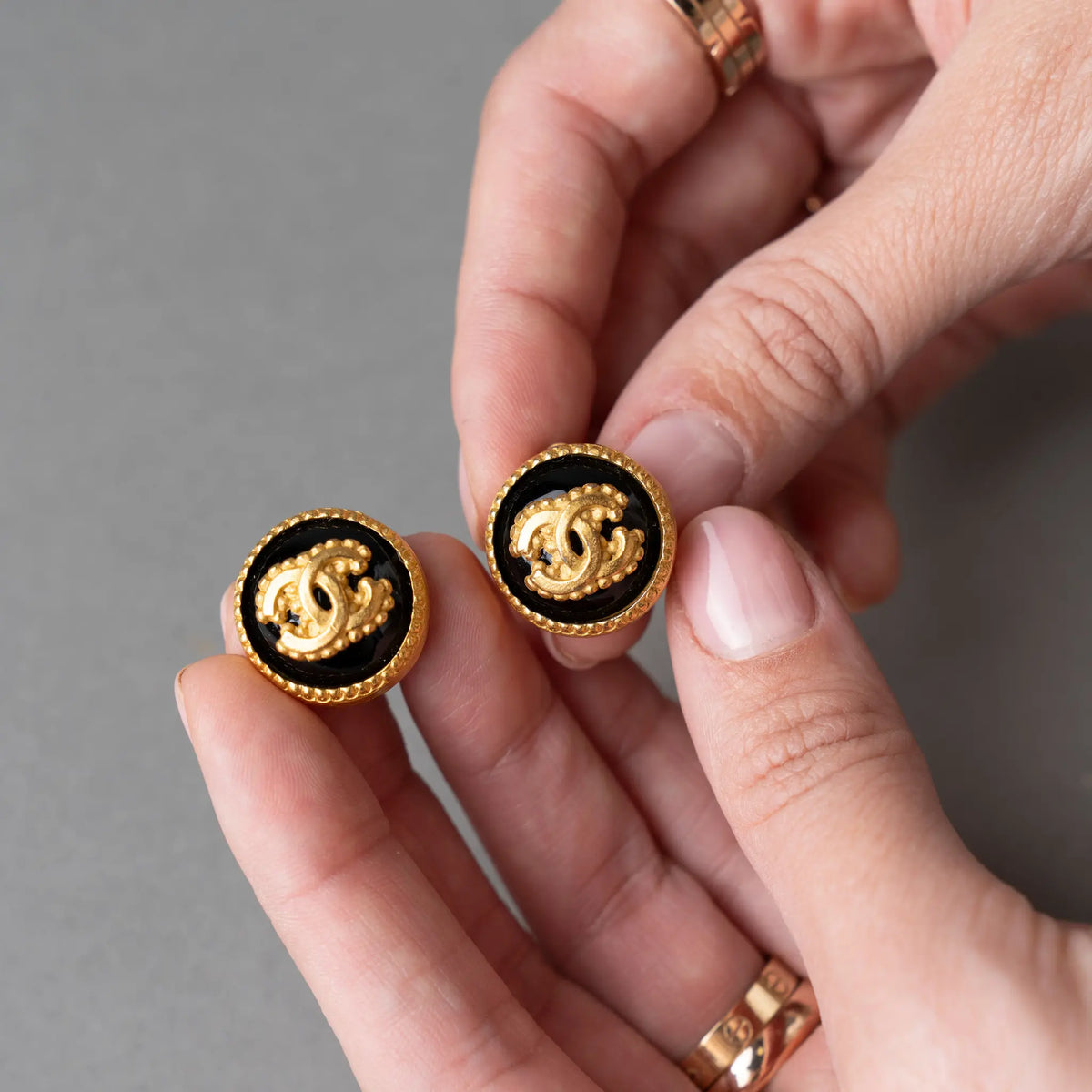 Chanel CC Gold Plated Enamel Round Button Clip On Earrings — Back View