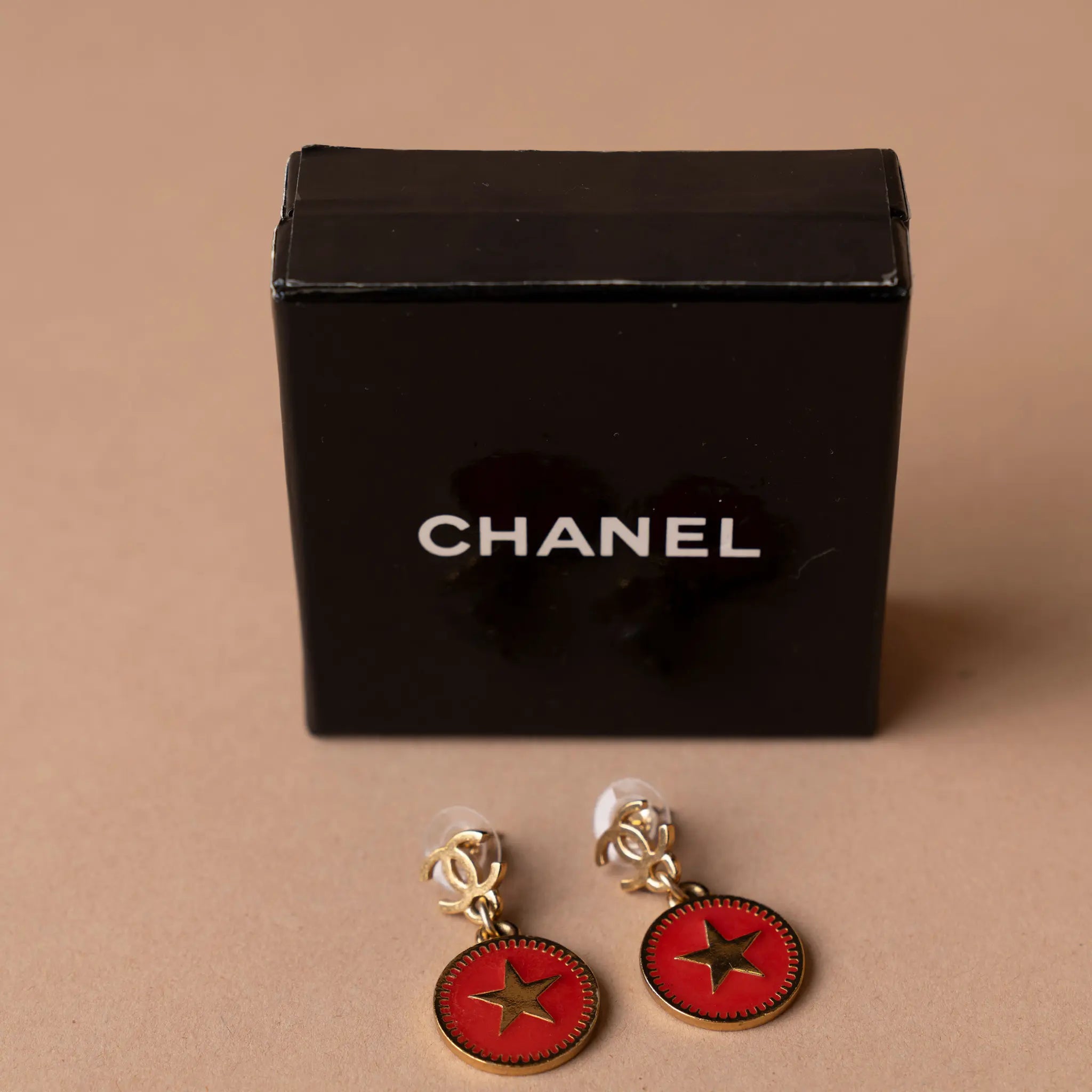 Chanel CC Gold Plated Enamel Star Dangling Push Back Earrings — Back View