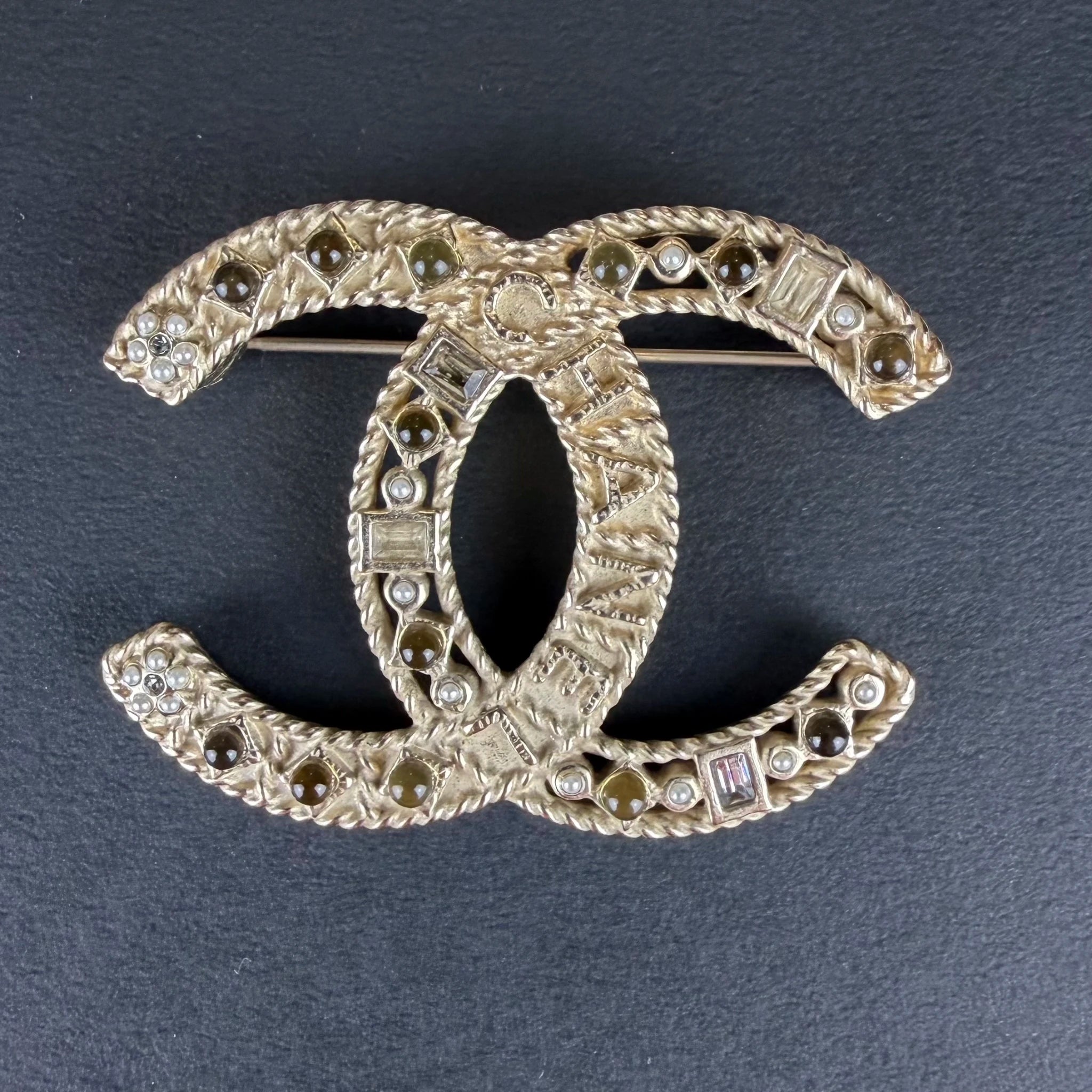 Chanel CC Gold Plated Faux Pearl and Rhinestone Brooch