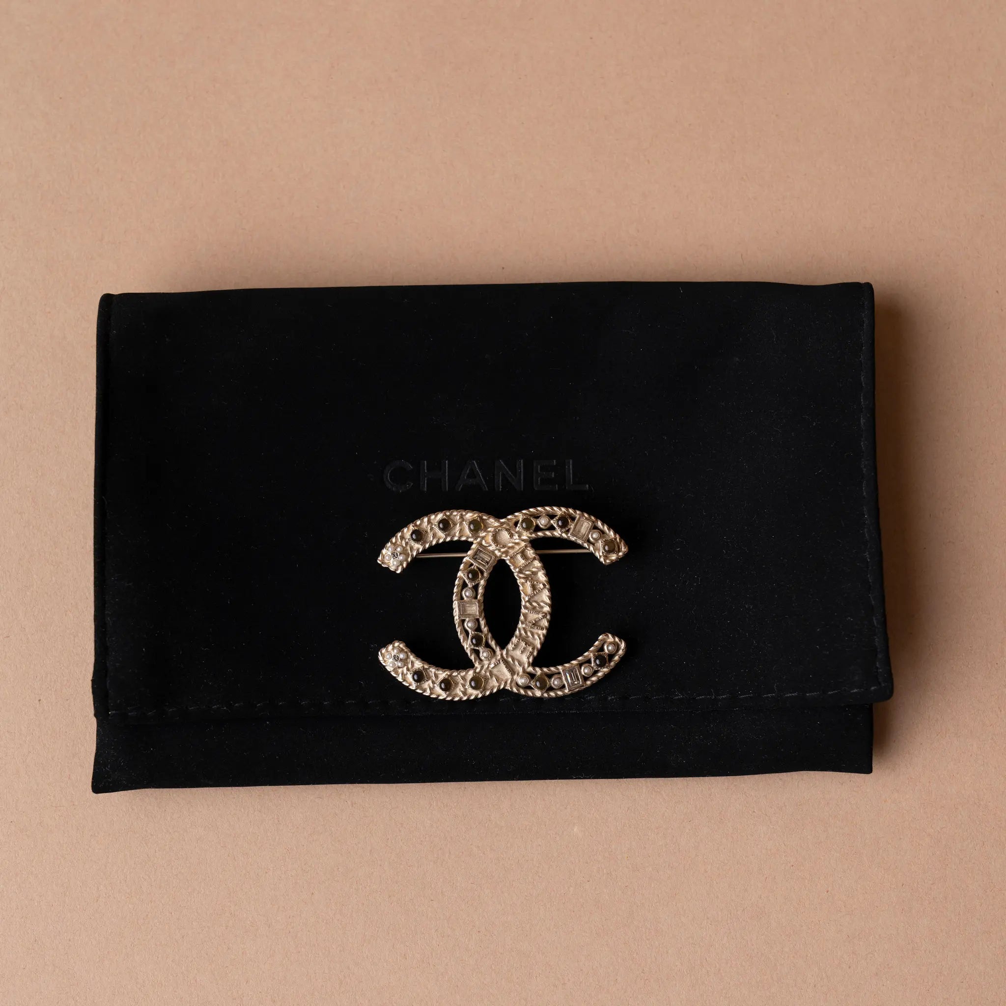 Chanel CC Gold Plated Faux Pearl and Rhinestone Brooch