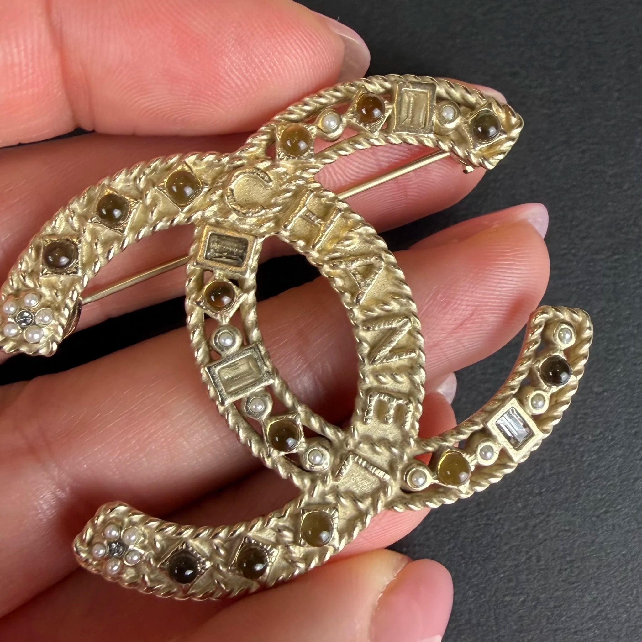 Chanel CC Gold Plated Faux Pearl and Rhinestone Brooch