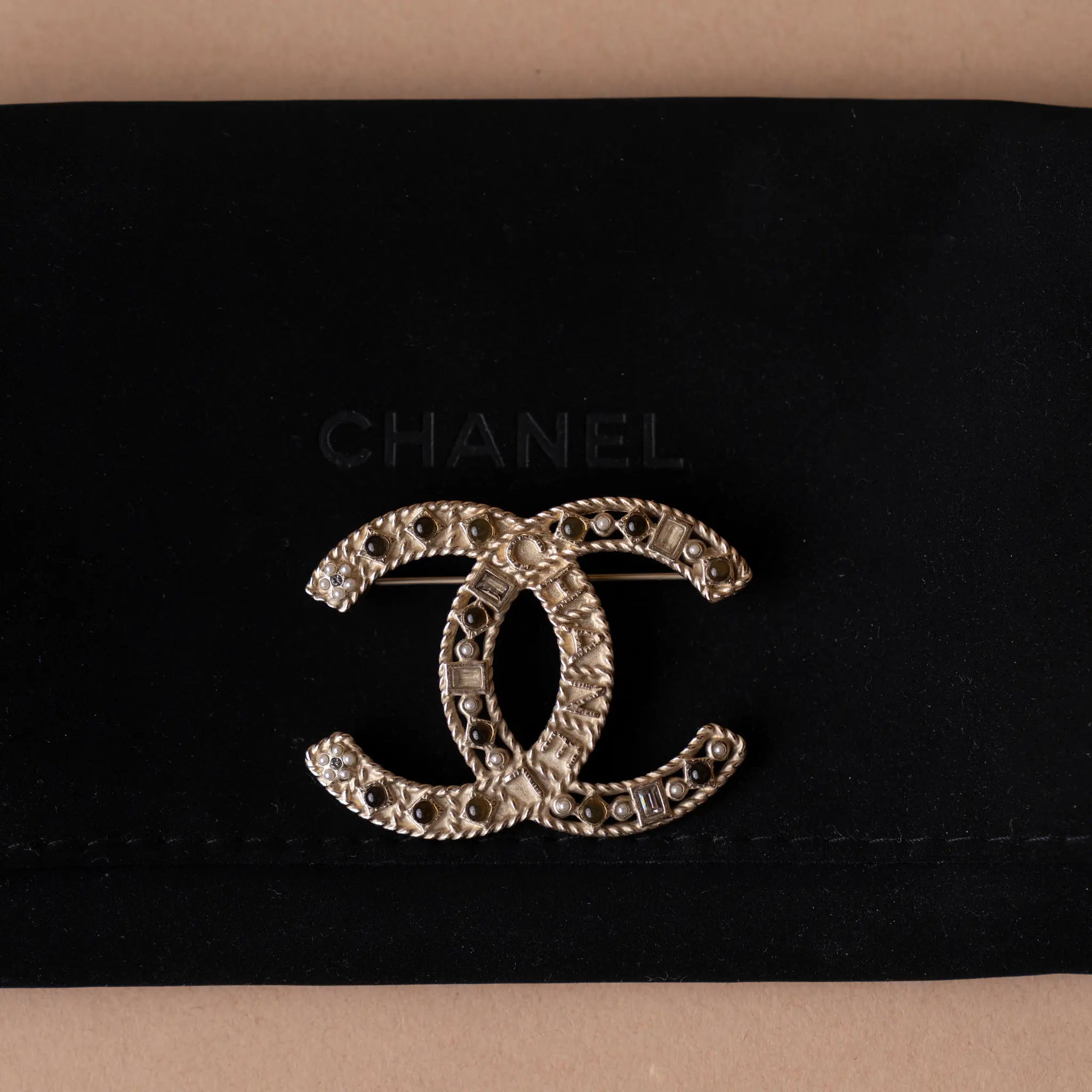 Chanel CC Gold Plated Faux Pearl and Rhinestone Brooch