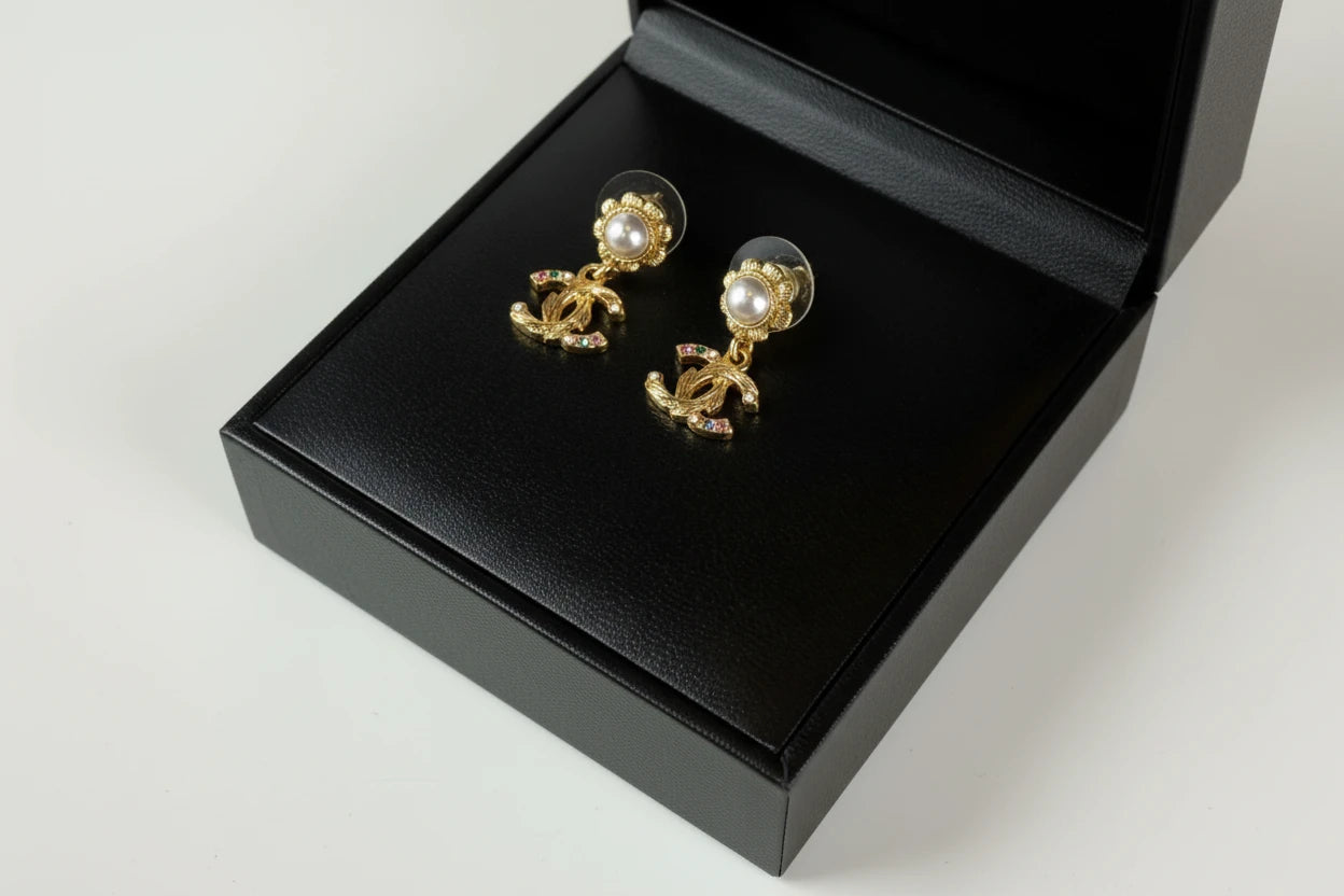 Chanel CC Gold Plated Faux Pearl and Rhinestone Swing Push Back Earrings