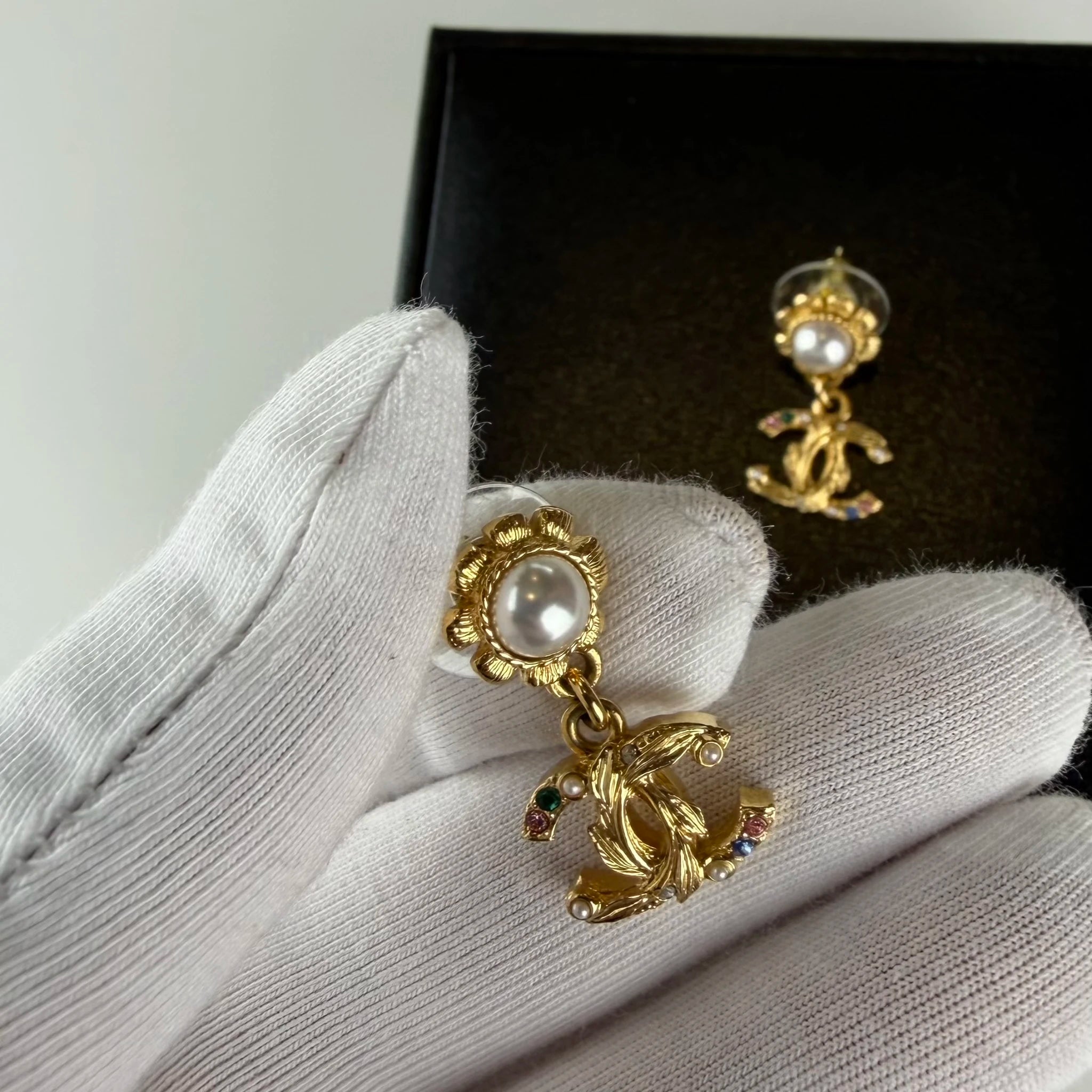 Chanel CC Gold Plated Faux Pearl and Rhinestone Swing Push Back Earrings