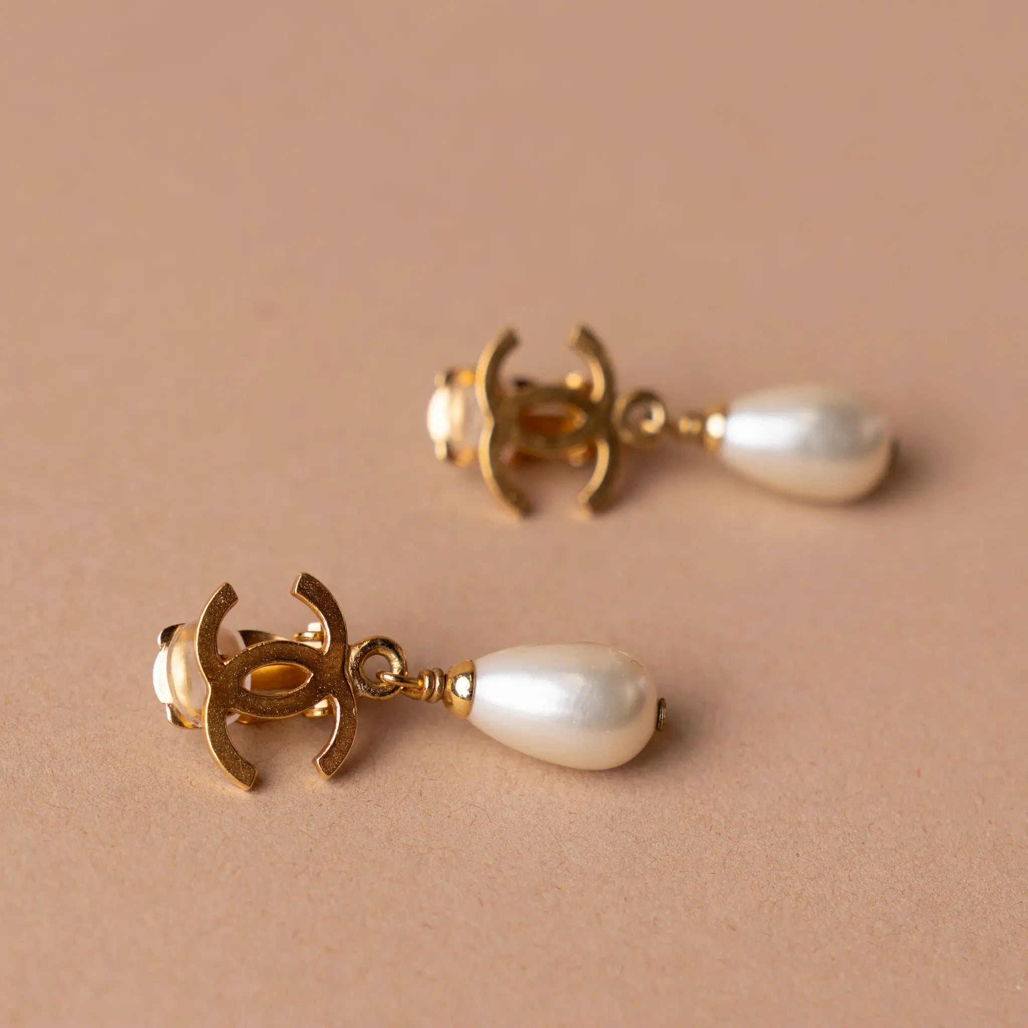Chanel CC Gold Plated Faux Pearl Dangle Clip On Earrings — Front View