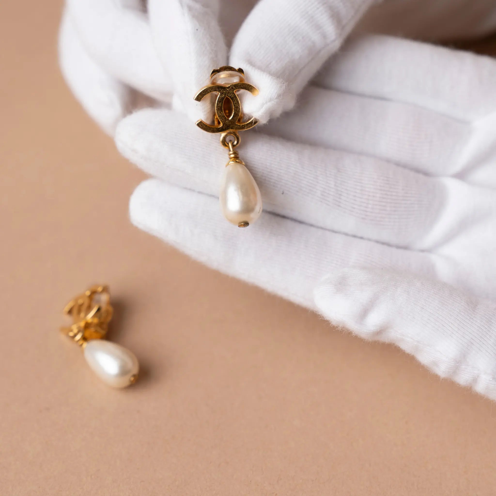 Chanel CC Gold Plated Faux Pearl Dangle Clip On Earrings — Back View