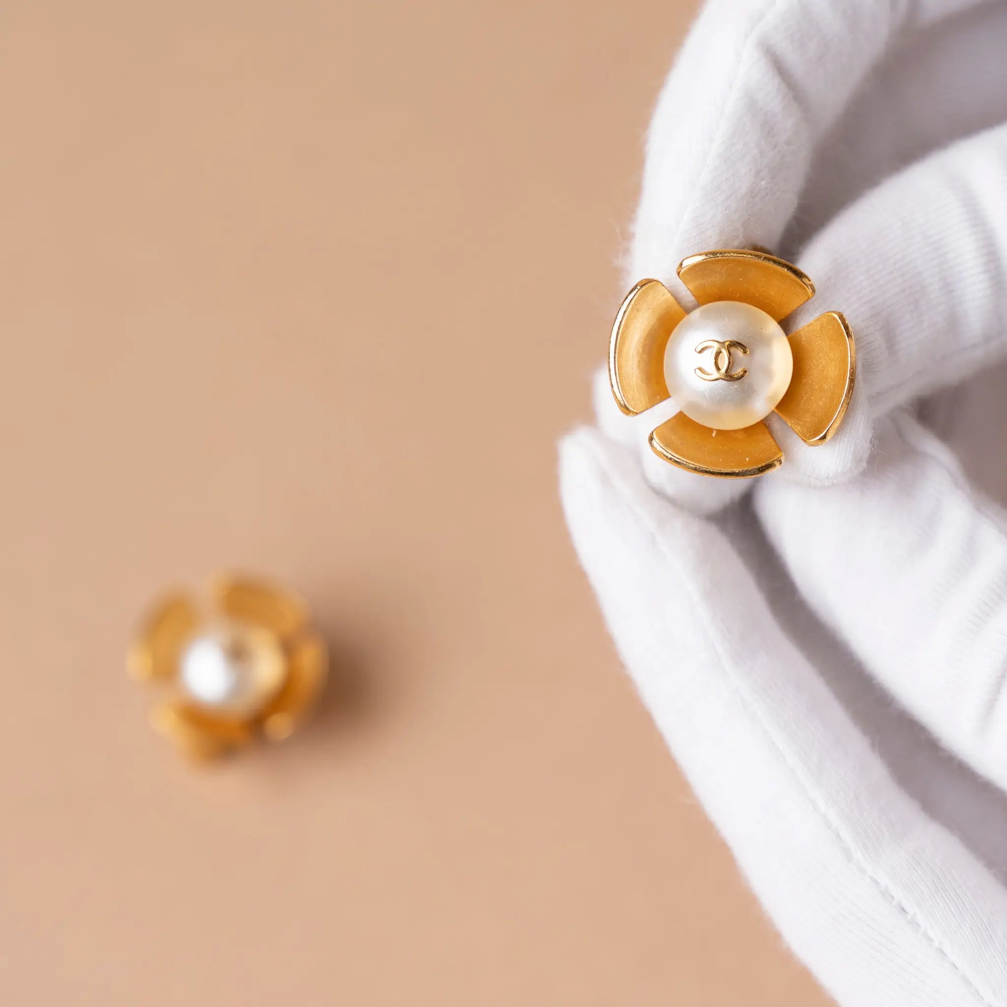 Chanel CC Gold Plated Faux Pearl Flower Clip On Earrings — Front View