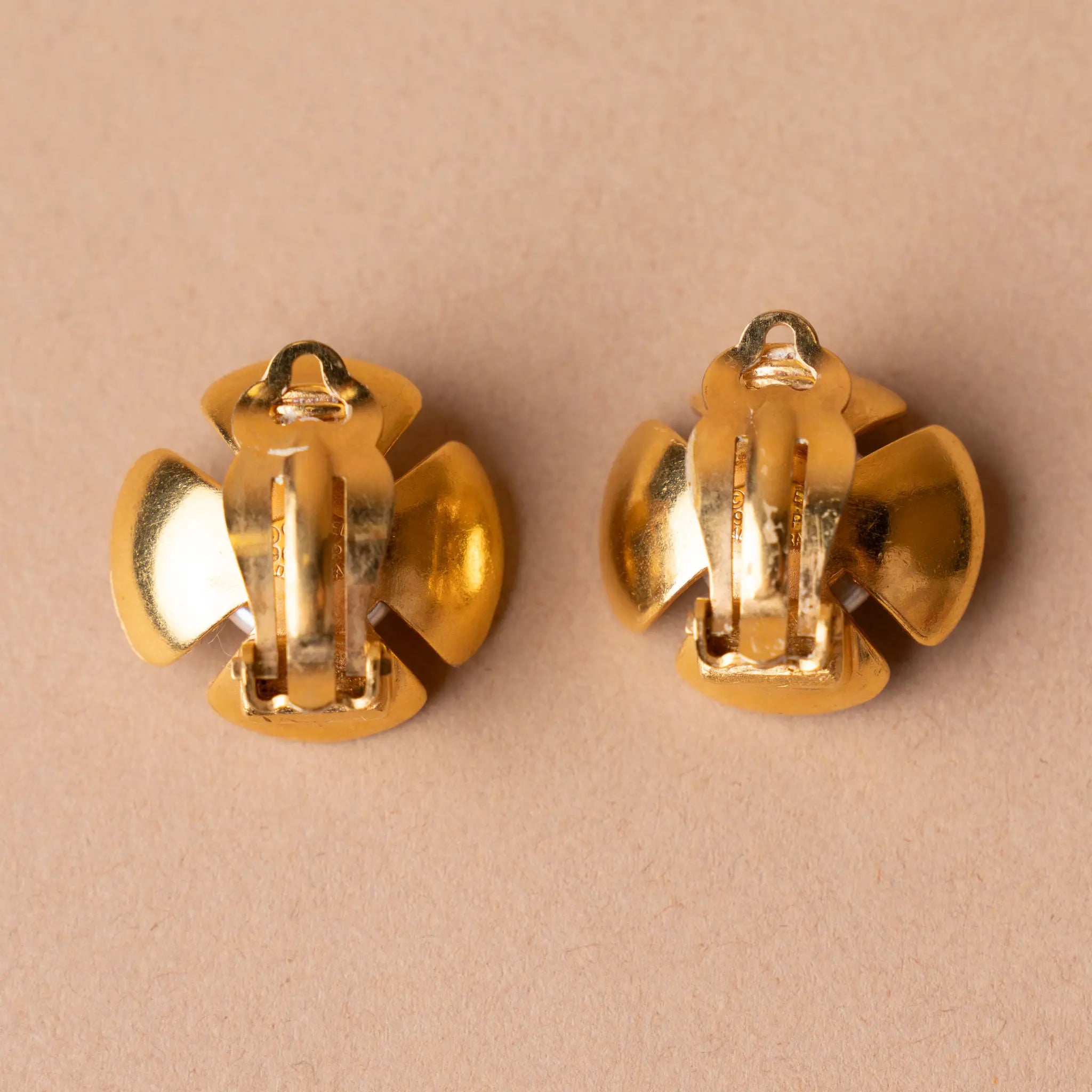 Chanel CC Gold Plated Faux Pearl Flower Clip On Earrings — Back View