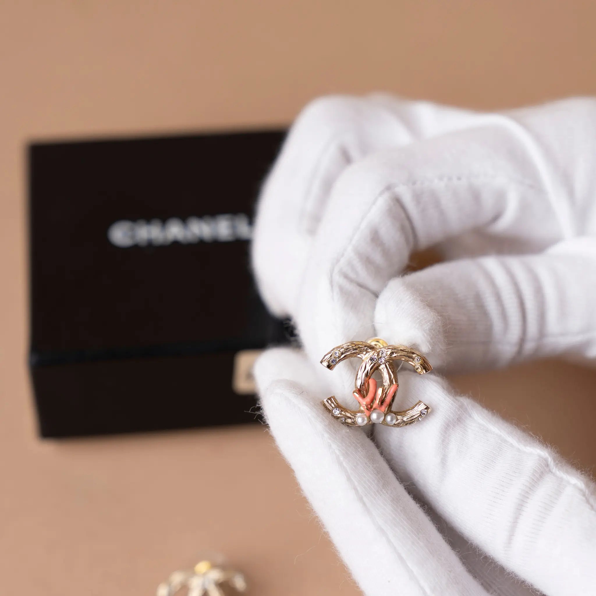 Chanel CC Gold Plated Faux Pearl Strass Push Back Earrings — Side Profile