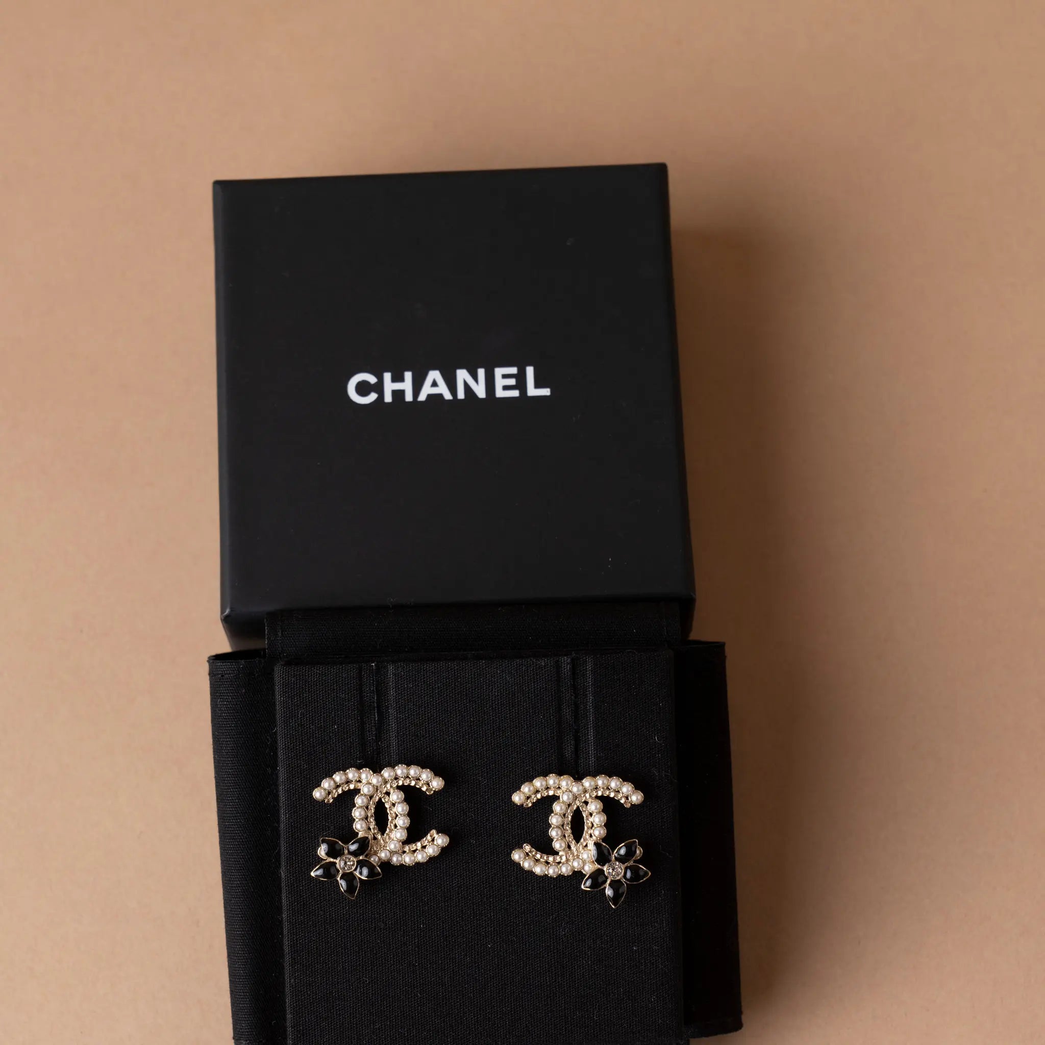 Chanel CC Gold Plated Faux Pearl Strass Resin Bullet Back Earrings — Front View
