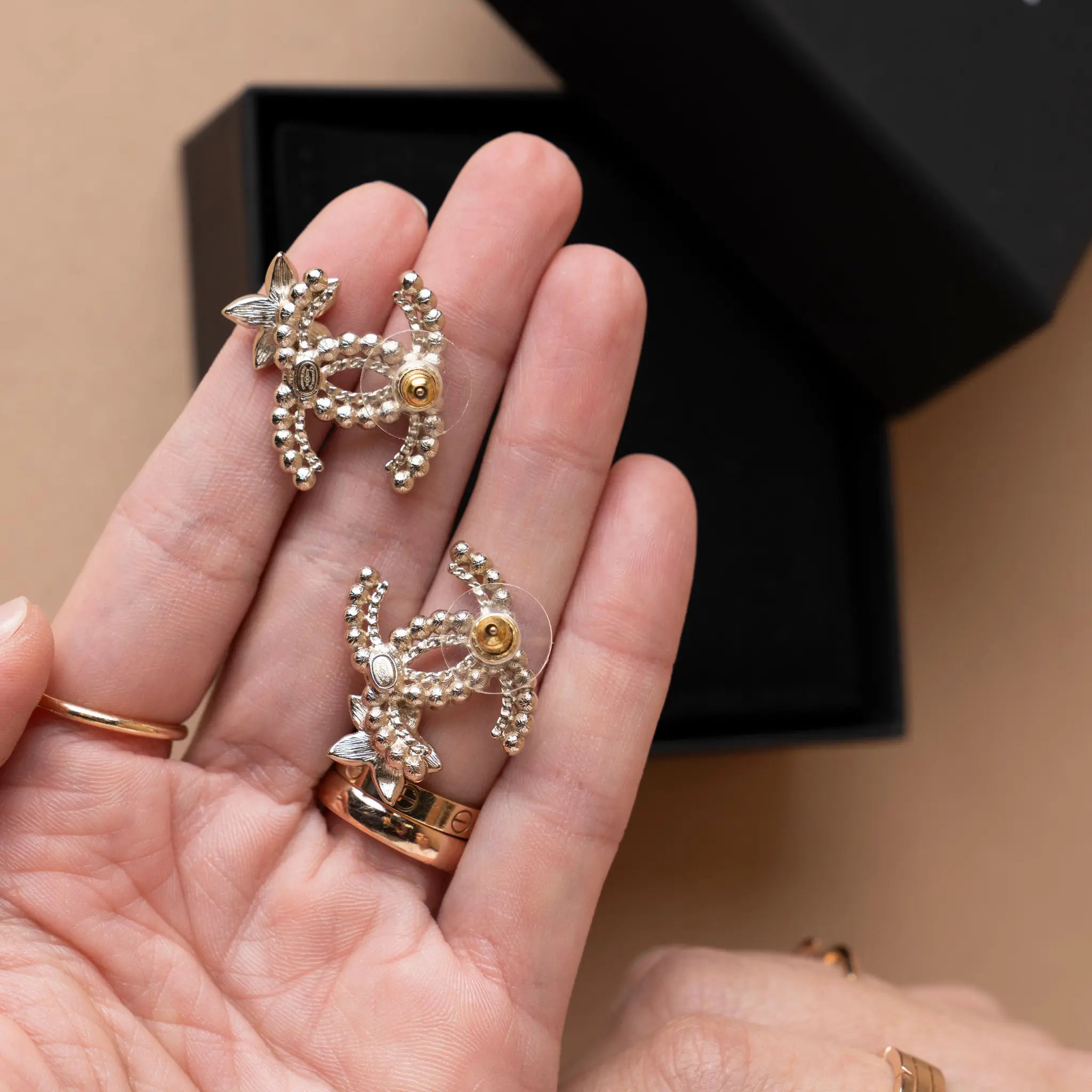 Chanel CC Gold Plated Faux Pearl Strass Resin Bullet Back Earrings — Back View