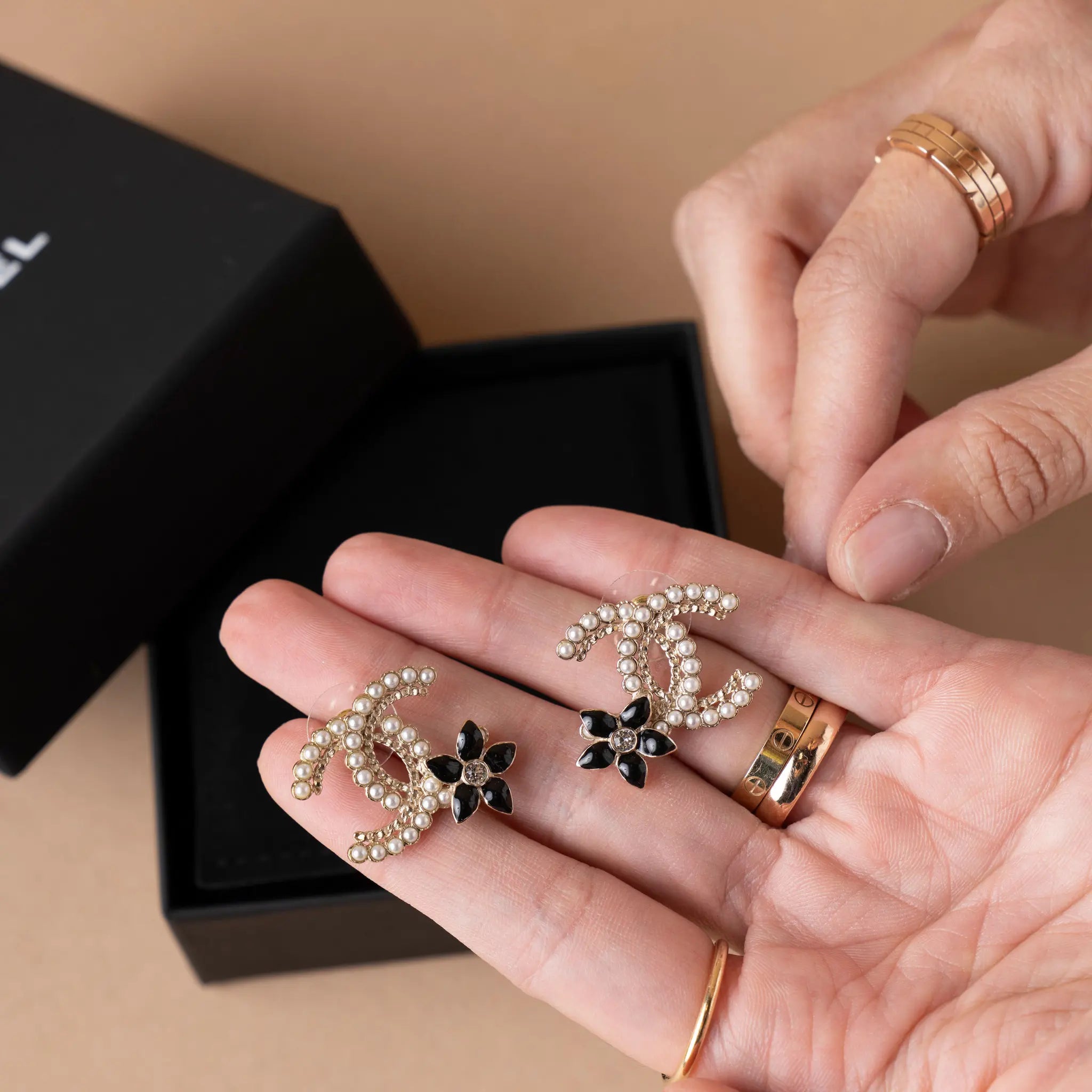 Chanel CC Gold Plated Faux Pearl Strass Resin Bullet Back Earrings — Side Profile