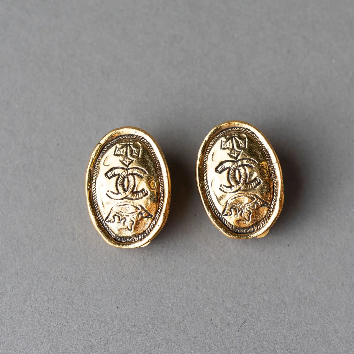 Chanel CC Gold Plated Oval Crown Earrings — Featured Image