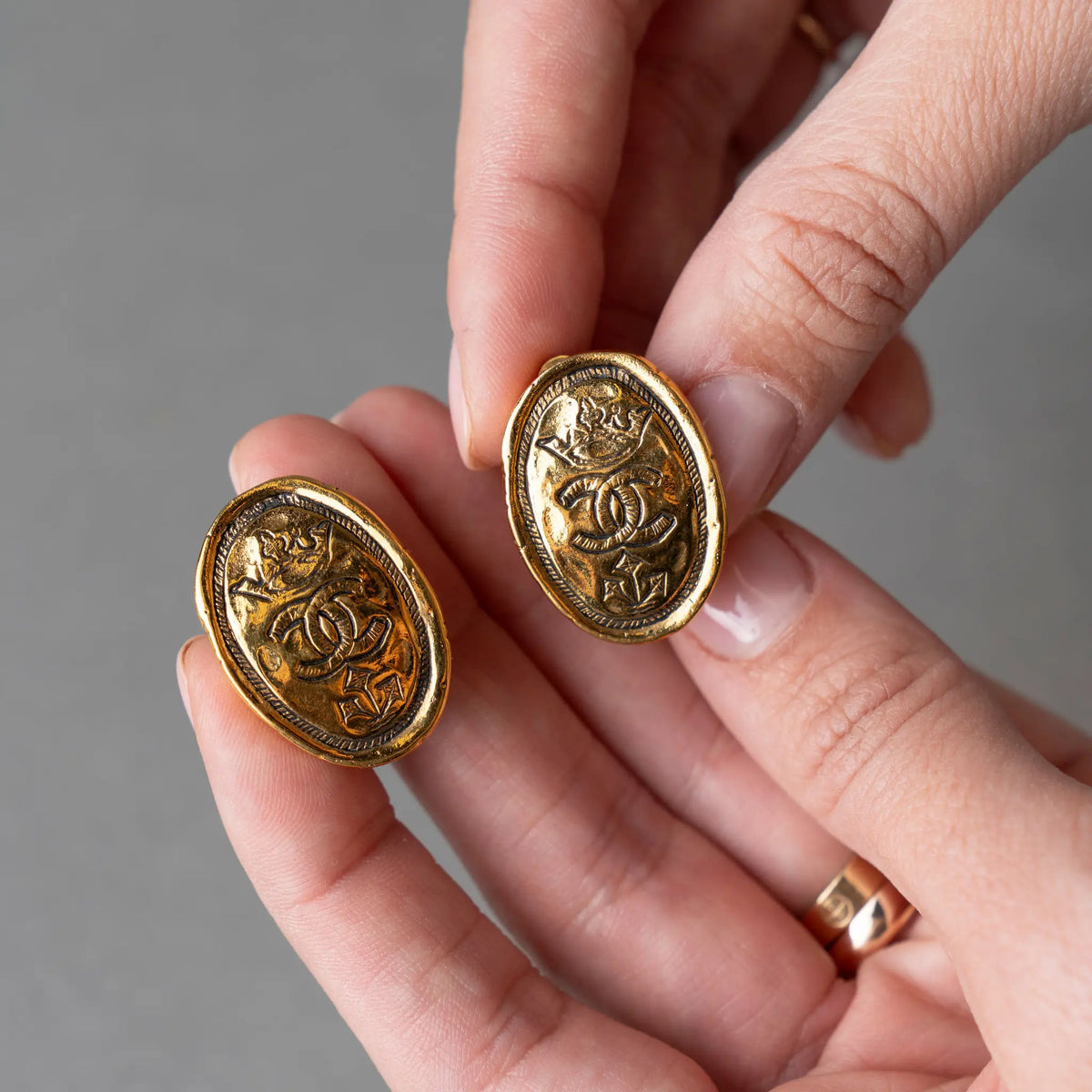 Chanel CC Gold Plated Oval Crown Earrings — Back View