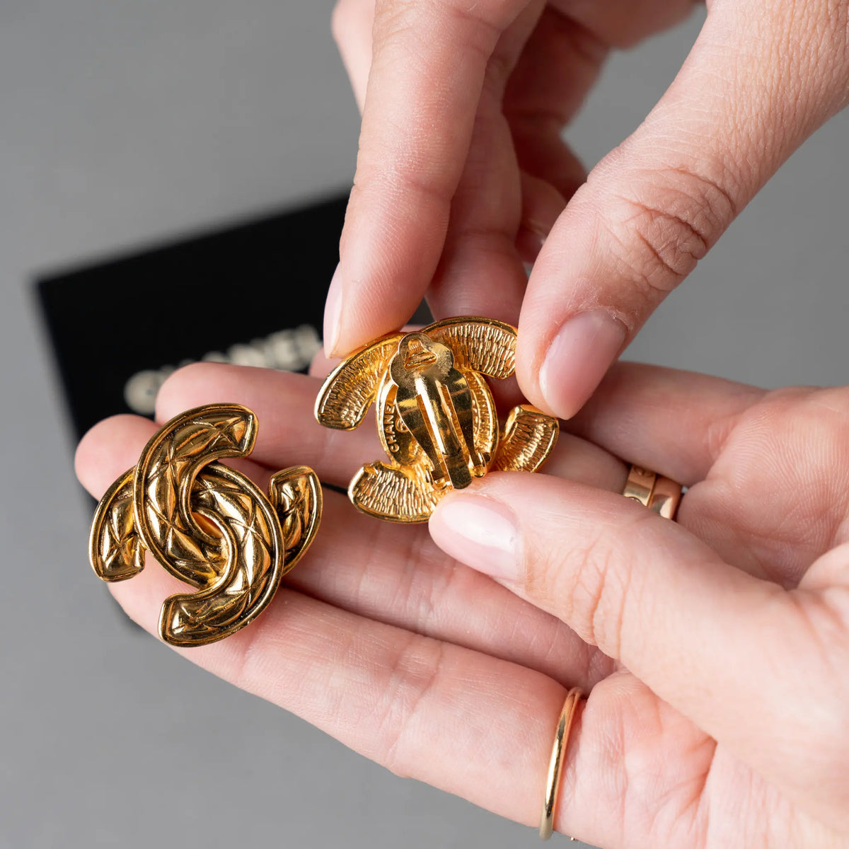 Chanel CC Gold Plated Quilted Clip On Earrings — Back View