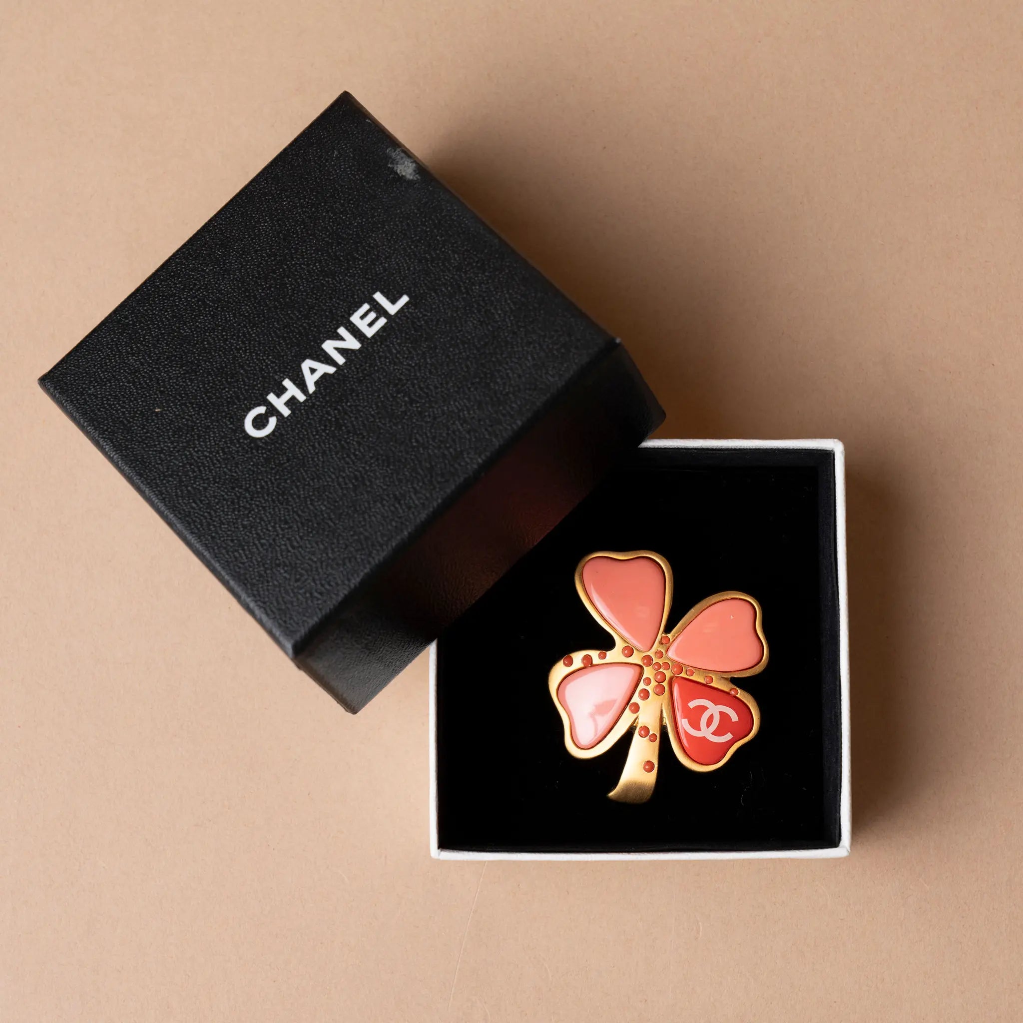 Chanel CC Gold Plated Resin Four Leaf Clover Brooch — Featured Image