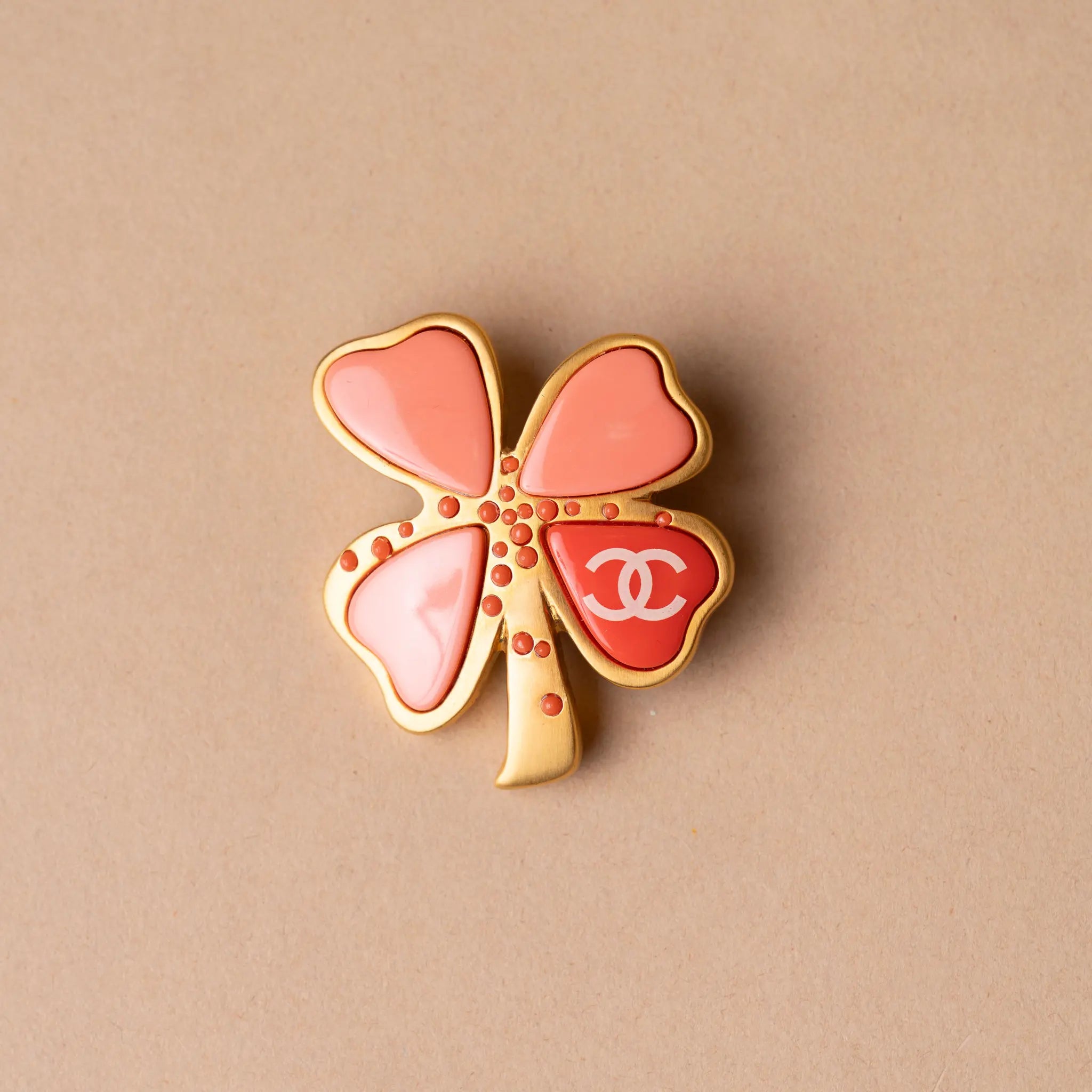Chanel CC Gold Plated Resin Four Leaf Clover Brooch — Front View