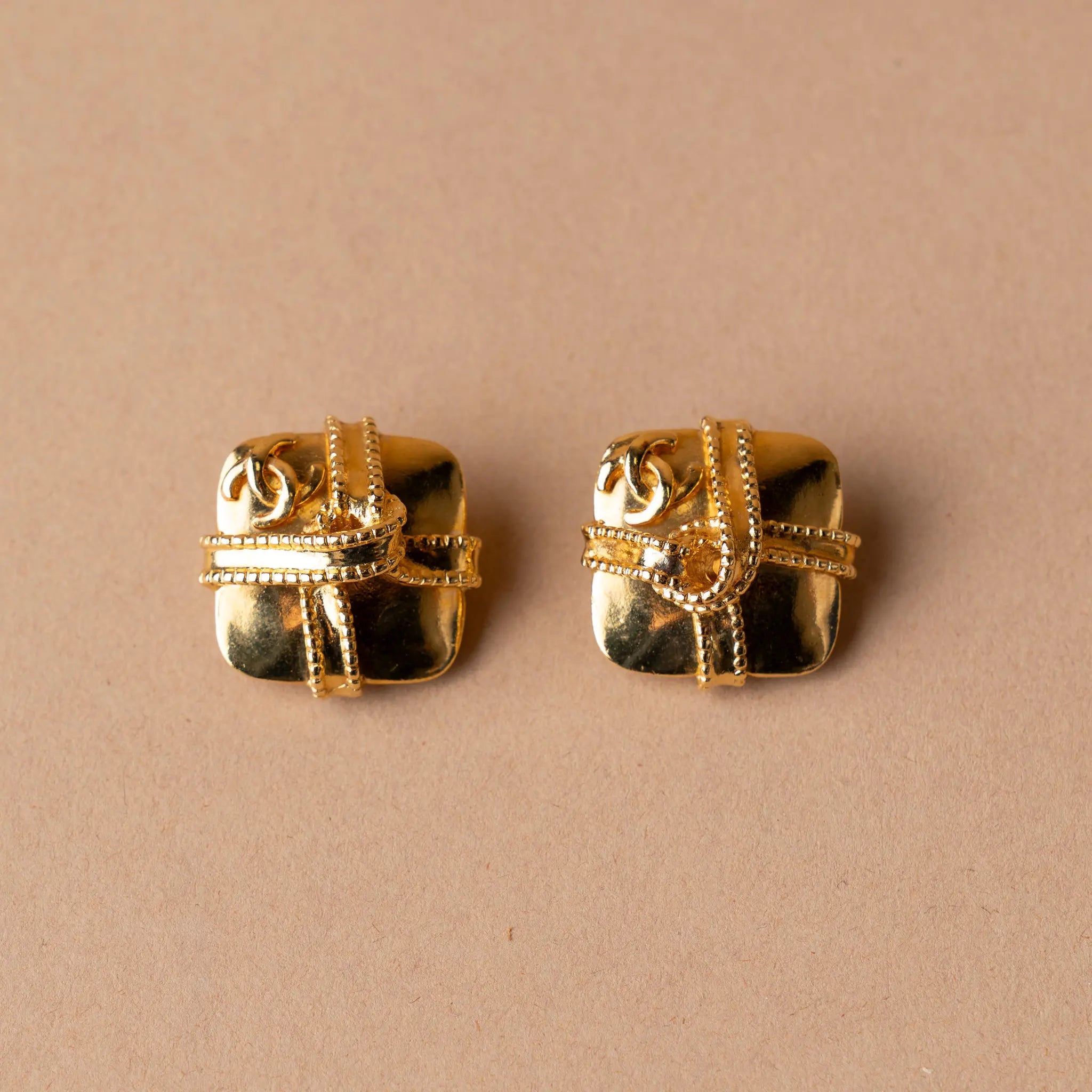 Chanel CC Gold Plated Rhombus Twisted Ribbon Clip On Earrings — Featured Image