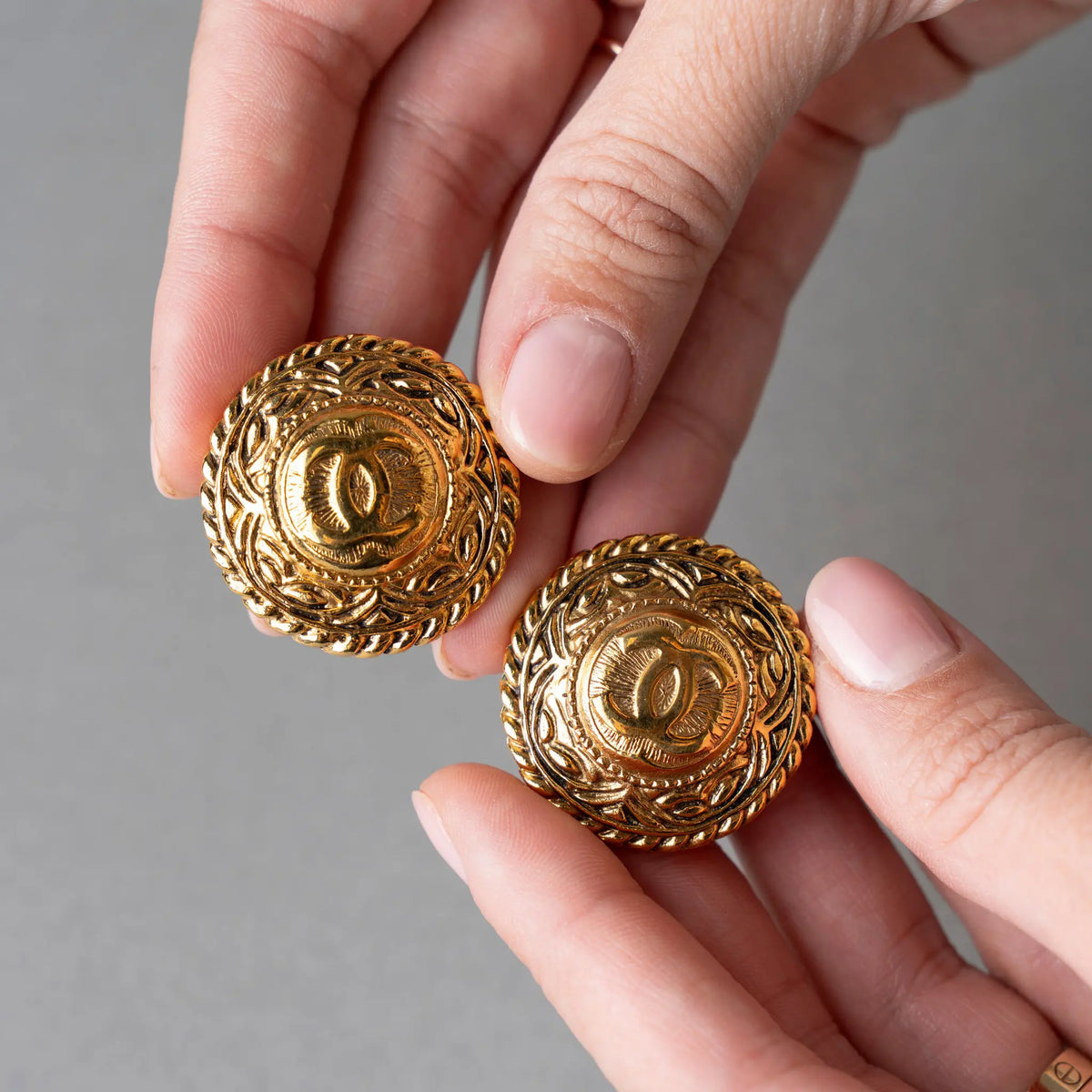Chanel CC Gold Plated Round Clip On Earrings — Back View